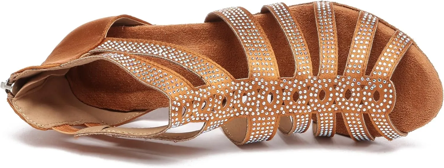 Minishion Womens Dance Ankle Sandals Sparkle Swing Dancing Shoes Rhinestones Wedding Booties L586