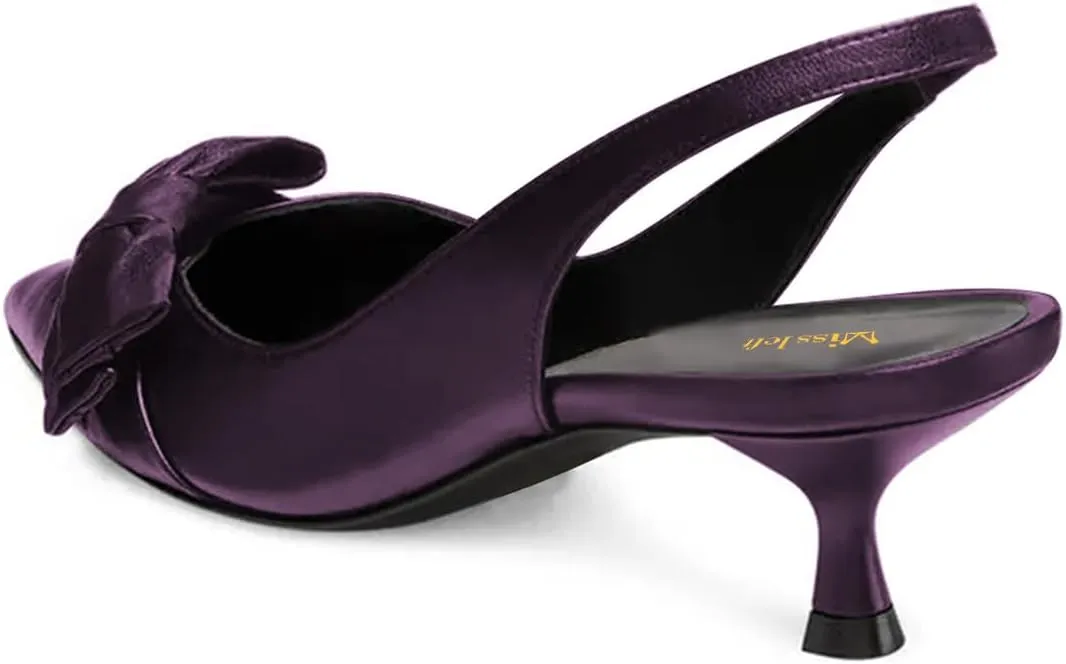 miss left Women Pointy Closed Toe Bows Pumps Slip On Low Kitten Heel Elastic Strap Slingback Sandals Dressy Leisure Prom Shoes Size 4-16 US