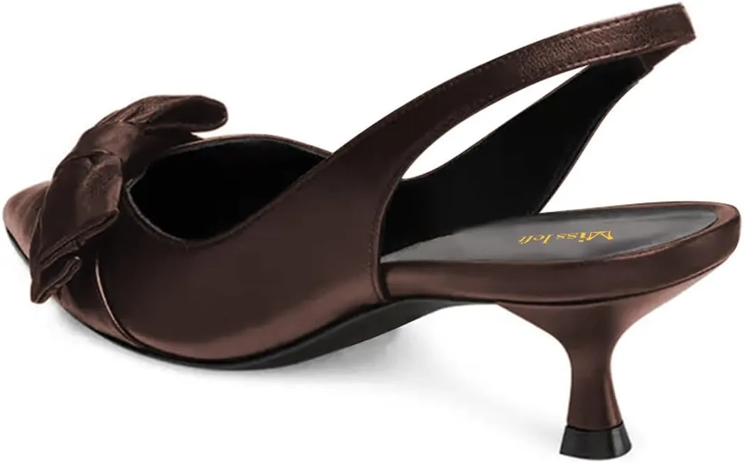 miss left Women Pointy Closed Toe Bows Pumps Slip On Low Kitten Heel Elastic Strap Slingback Sandals Dressy Leisure Prom Shoes Size 4-16 US