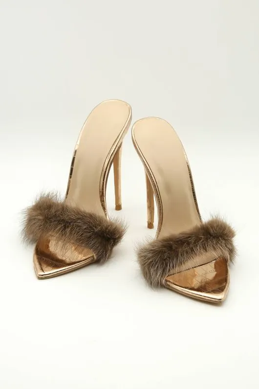 Mules fluffy Trim Strap-Champagne
