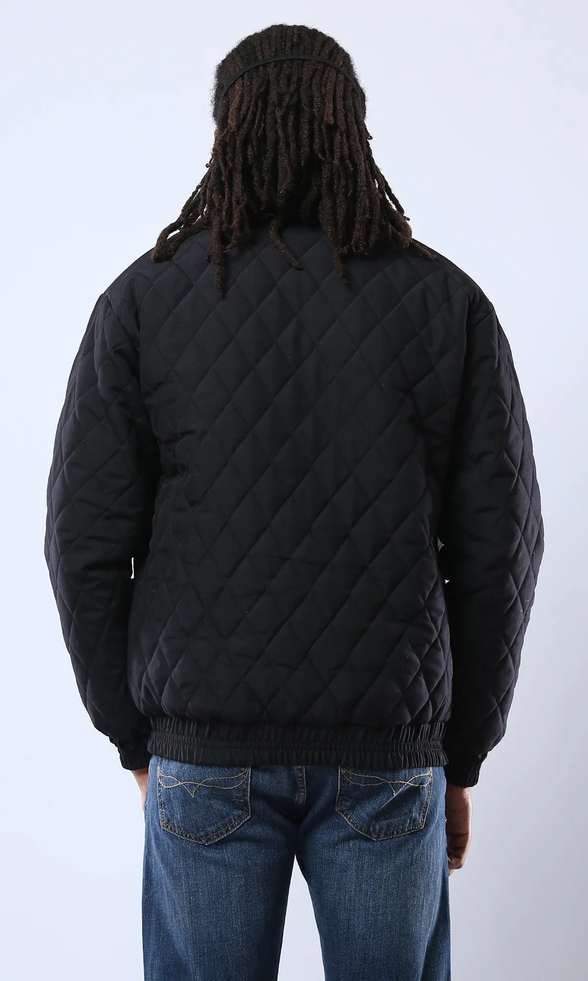O175349 Band Neck Zipped Black Quilted Jacket