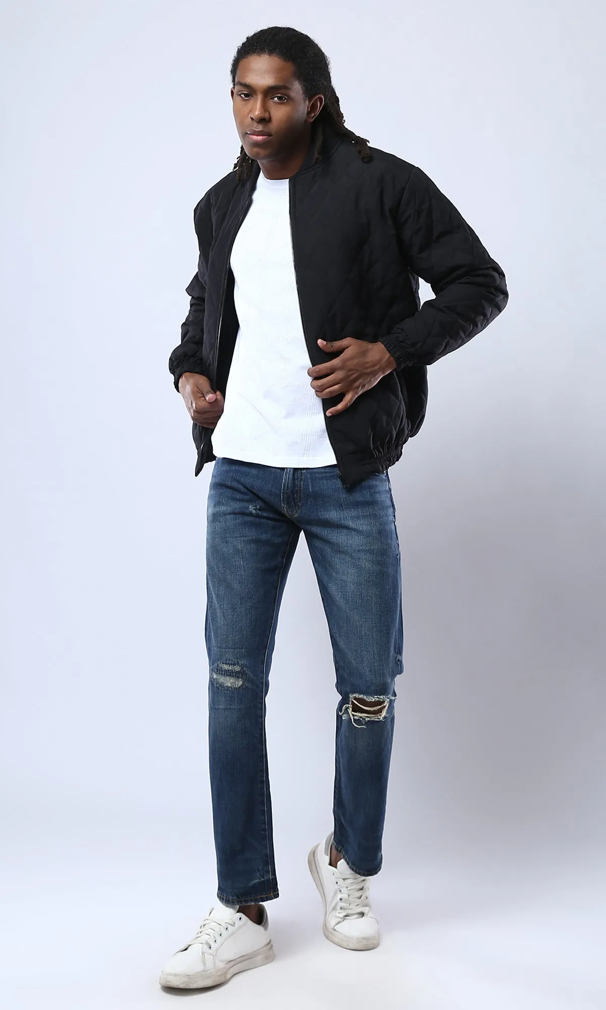 O175349 Band Neck Zipped Black Quilted Jacket