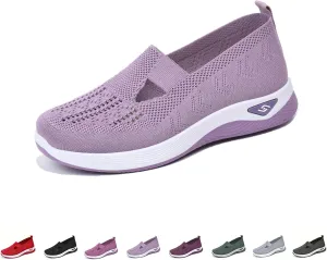 Orthowalkway Womens Shoes, Outdoor Women's Comfortable Breathable Knitted Orthopedic Walking Shoes, Orthopedic Slip-On Leisure Flat Soft Shoes