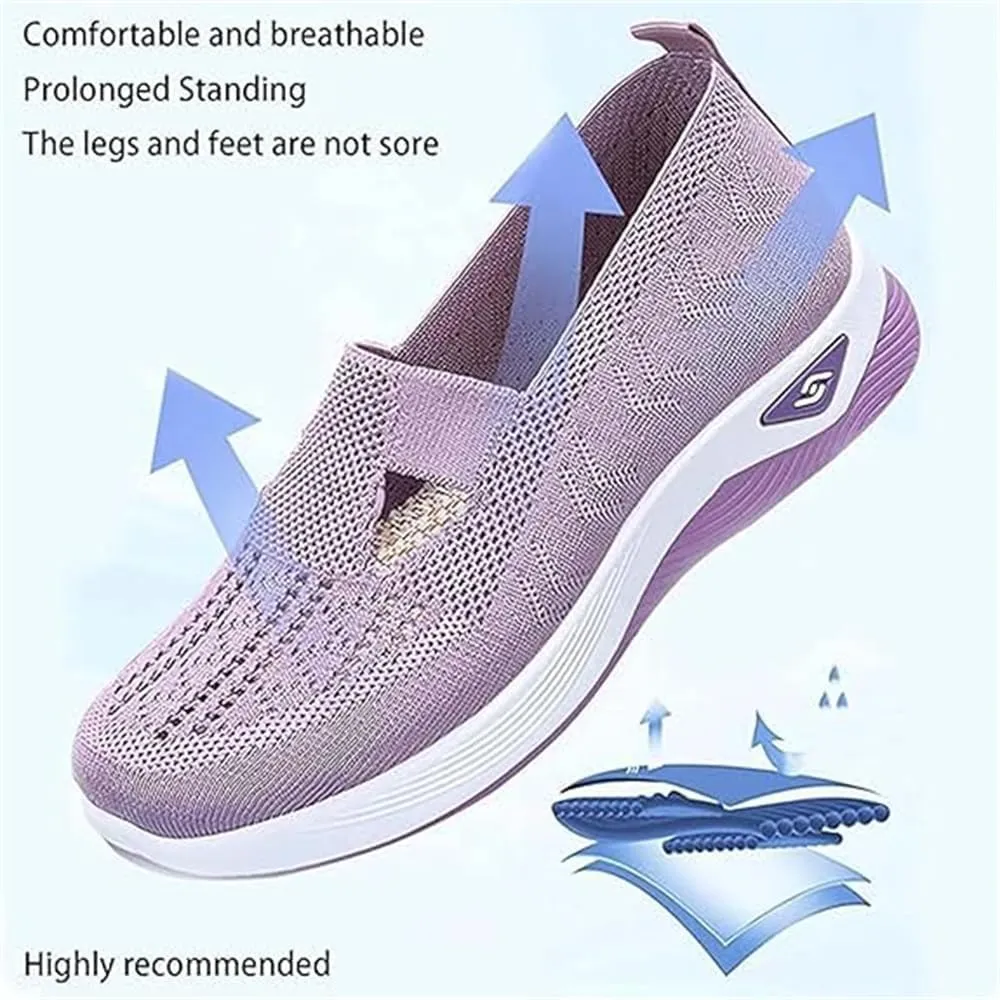 Orthowalkway Womens Shoes, Outdoor Women's Comfortable Breathable Knitted Orthopedic Walking Shoes, Orthopedic Slip-On Leisure Flat Soft Shoes