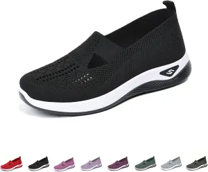 Orthowalkway Womens Shoes, Outdoor Women's Comfortable Breathable Knitted Orthopedic Walking Shoes, Orthopedic Slip-On Leisure Flat Soft Shoes