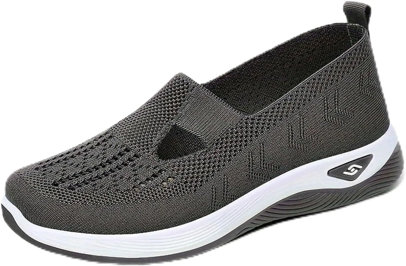 Orthowalkway Womens Shoes, Outdoor Women's Comfortable Breathable Knitted Orthopedic Walking Shoes, Orthopedic Slip-On Leisure Flat Soft Shoes
