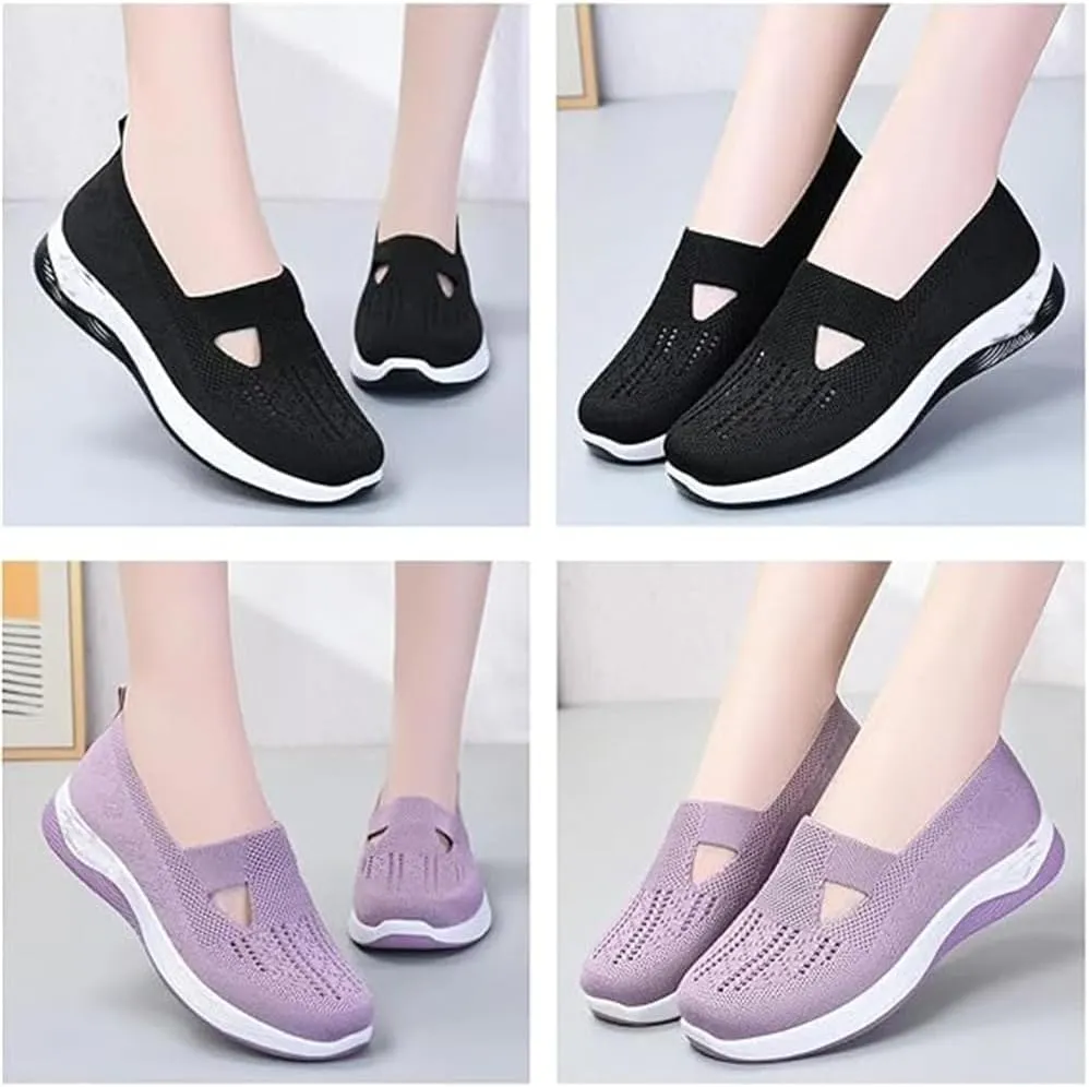 Orthowalkway Womens Shoes, Outdoor Women's Comfortable Breathable Knitted Orthopedic Walking Shoes, Orthopedic Slip-On Leisure Flat Soft Shoes