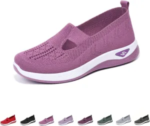 Orthowalkway Womens Shoes, Outdoor Women's Comfortable Breathable Knitted Orthopedic Walking Shoes, Orthopedic Slip-On Leisure Flat Soft Shoes