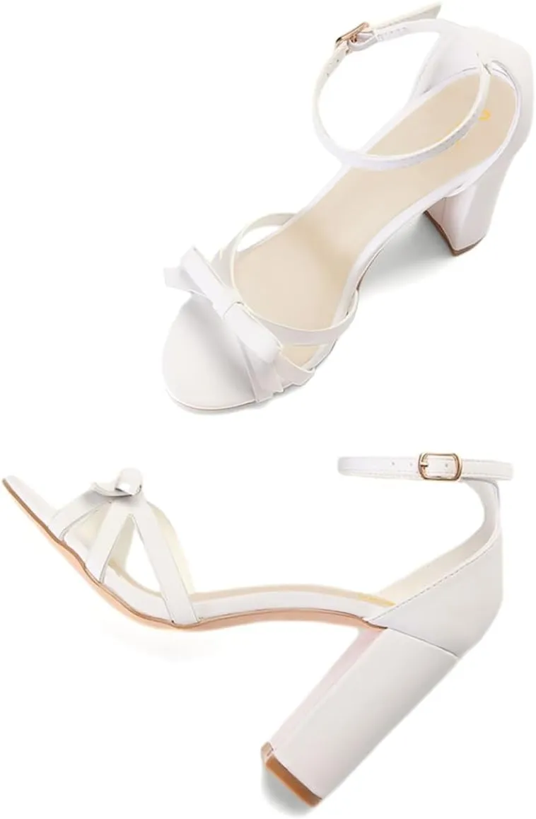 Pazzion Women Open Round Toe Ankle Strap Buckle Sandals Bowknots Block High Heel Pumps Sexy Wedding Prom Dress Shoes Size 4-16 US
