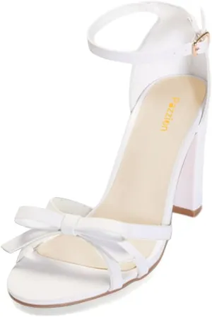 Pazzion Women Open Round Toe Ankle Strap Buckle Sandals Bowknots Block High Heel Pumps Sexy Wedding Prom Dress Shoes Size 4-16 US