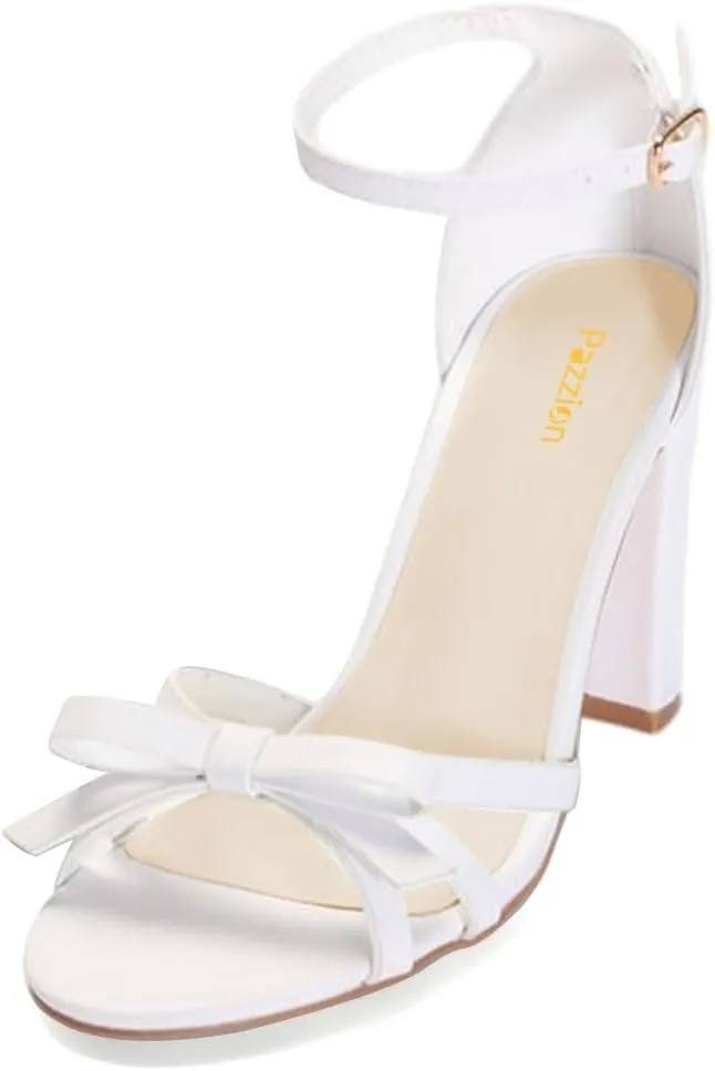 Pazzion Women Open Round Toe Ankle Strap Buckle Sandals Bowknots Block High Heel Pumps Sexy Wedding Prom Dress Shoes Size 4-16 US