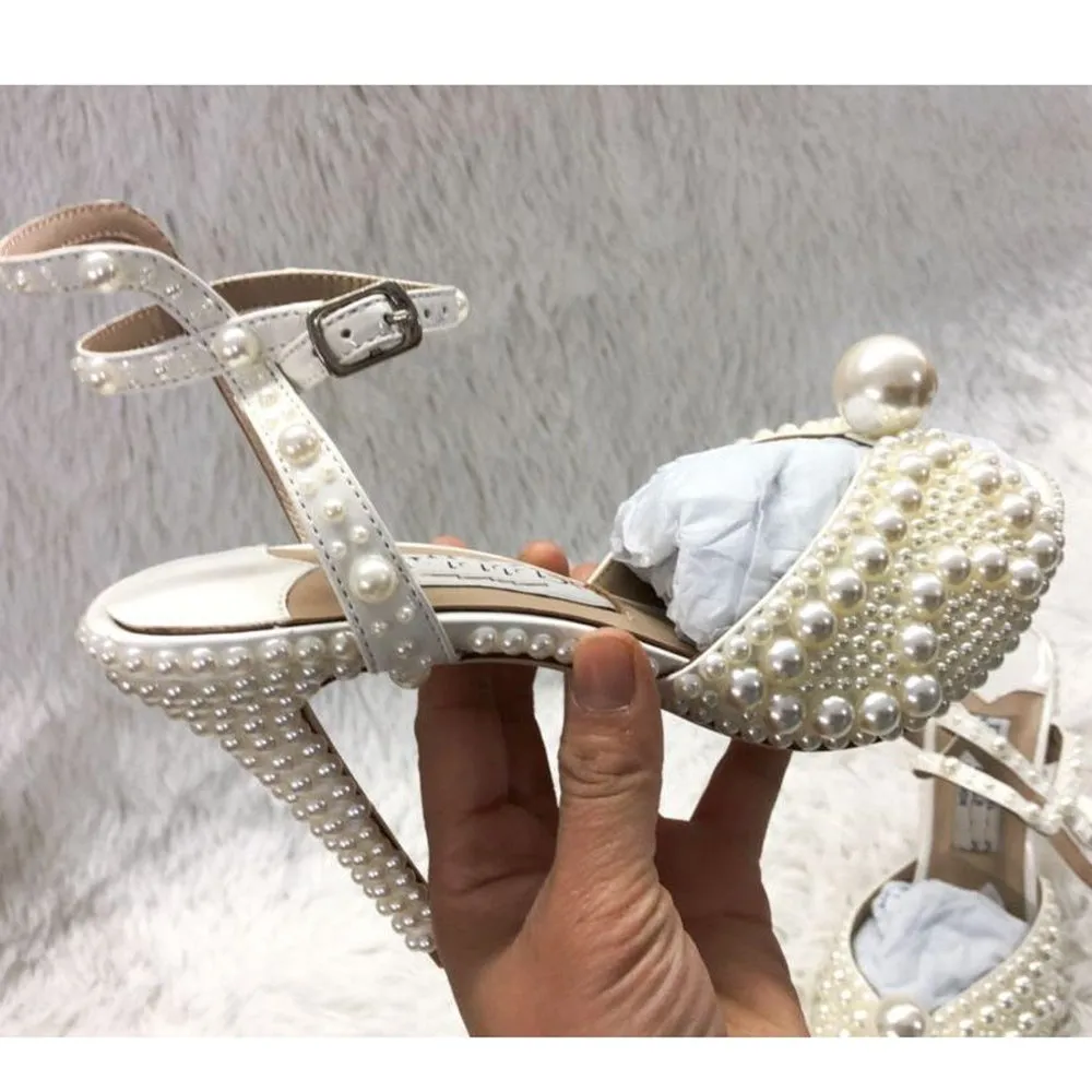 Peep Toe Pearl Ankle Wrap High Heels