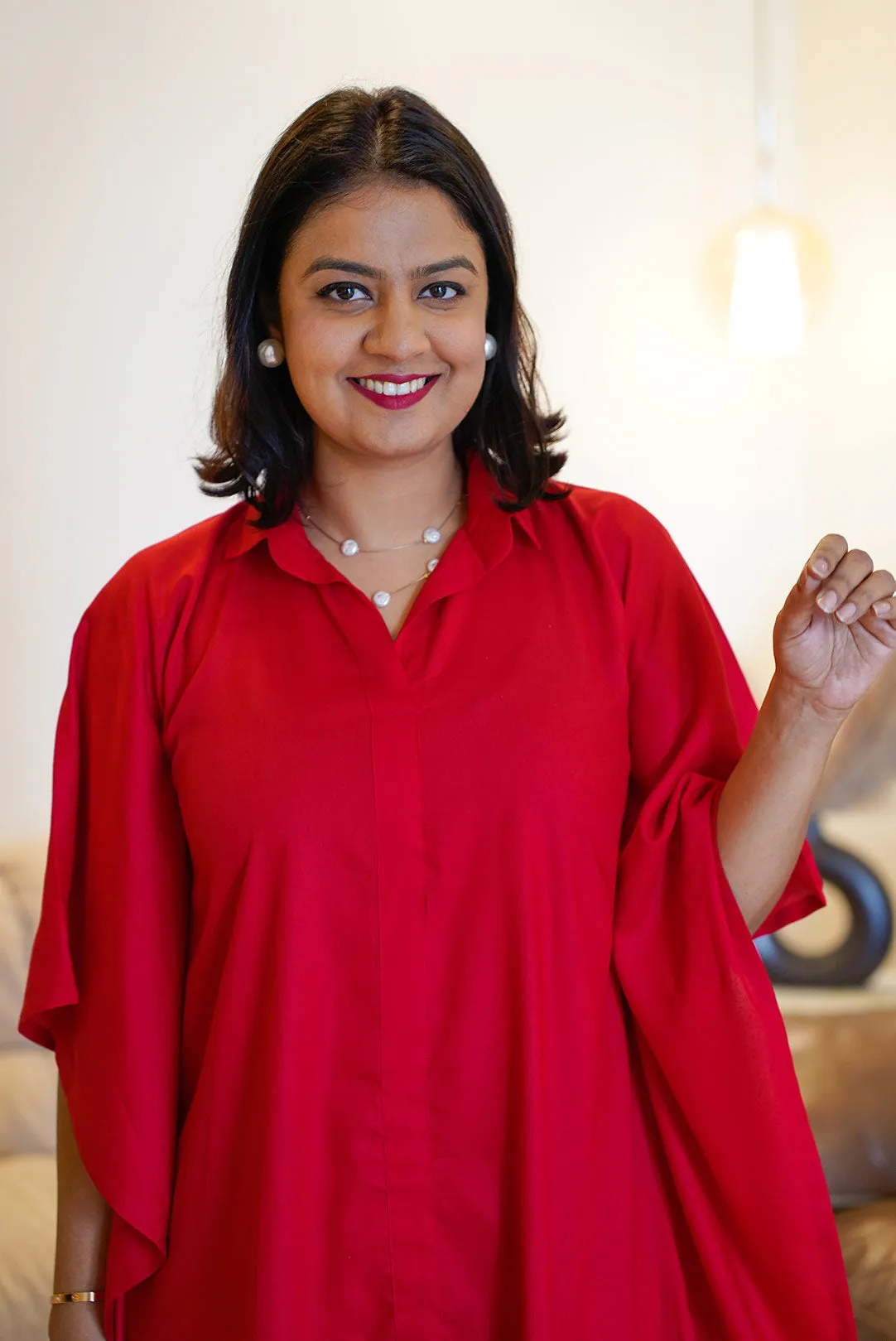 Red Rayon Shirt-Kaftan - Abstract