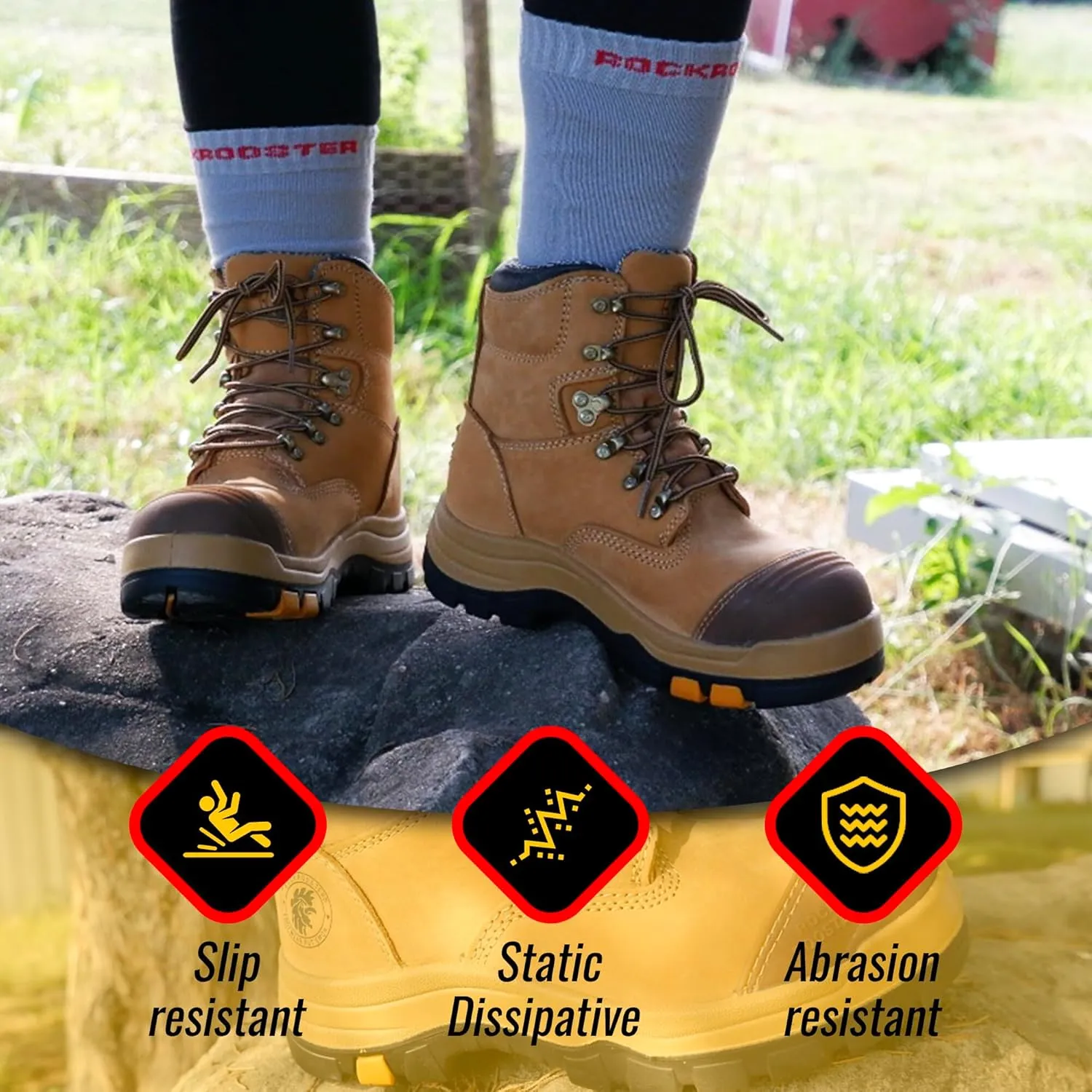 ROCKROOSTER Work Boots for Men,7 inch,Steel Toe,Side Zipper, Leather Shoes,Static Control, Breathable,Quick Dry(AK232Z -AK245Z
