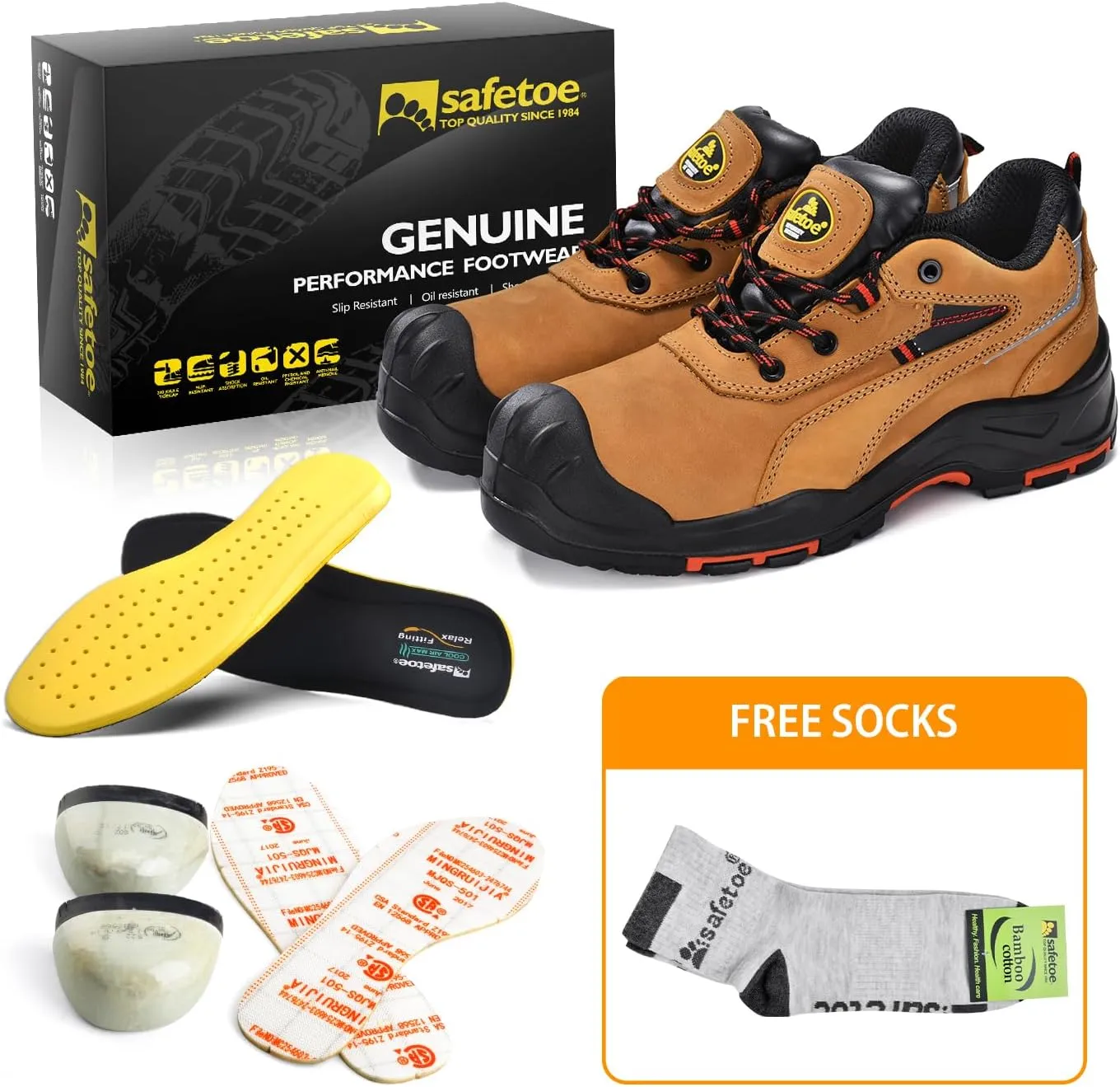 SAFETOE Safety Shoes for Men Composite Toe Shoes Lightweight Cow Leather Puncture Proof Slip On Brown Work Shoes Wide Fit