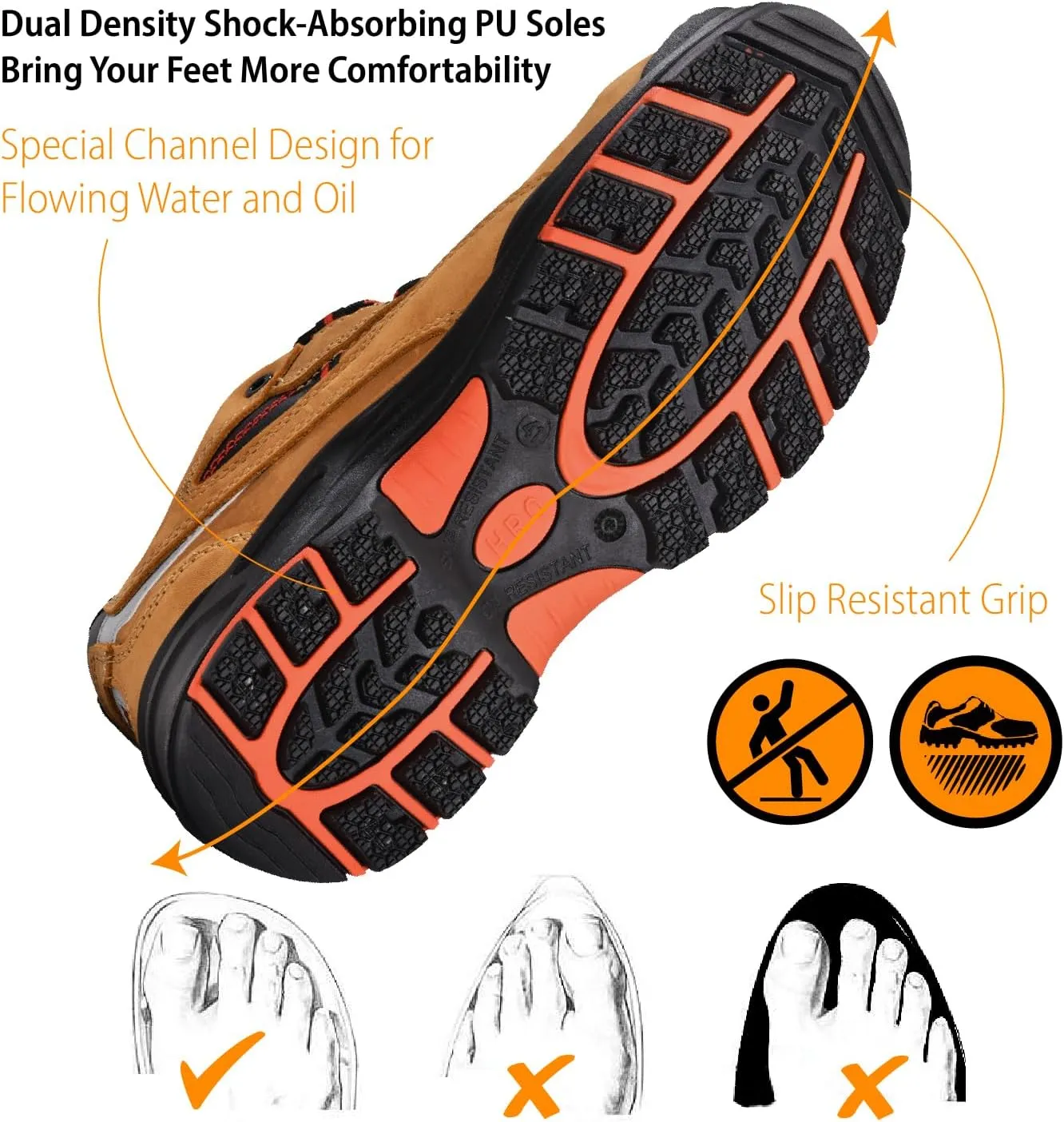 SAFETOE Safety Shoes for Men Composite Toe Shoes Lightweight Cow Leather Puncture Proof Slip On Brown Work Shoes Wide Fit