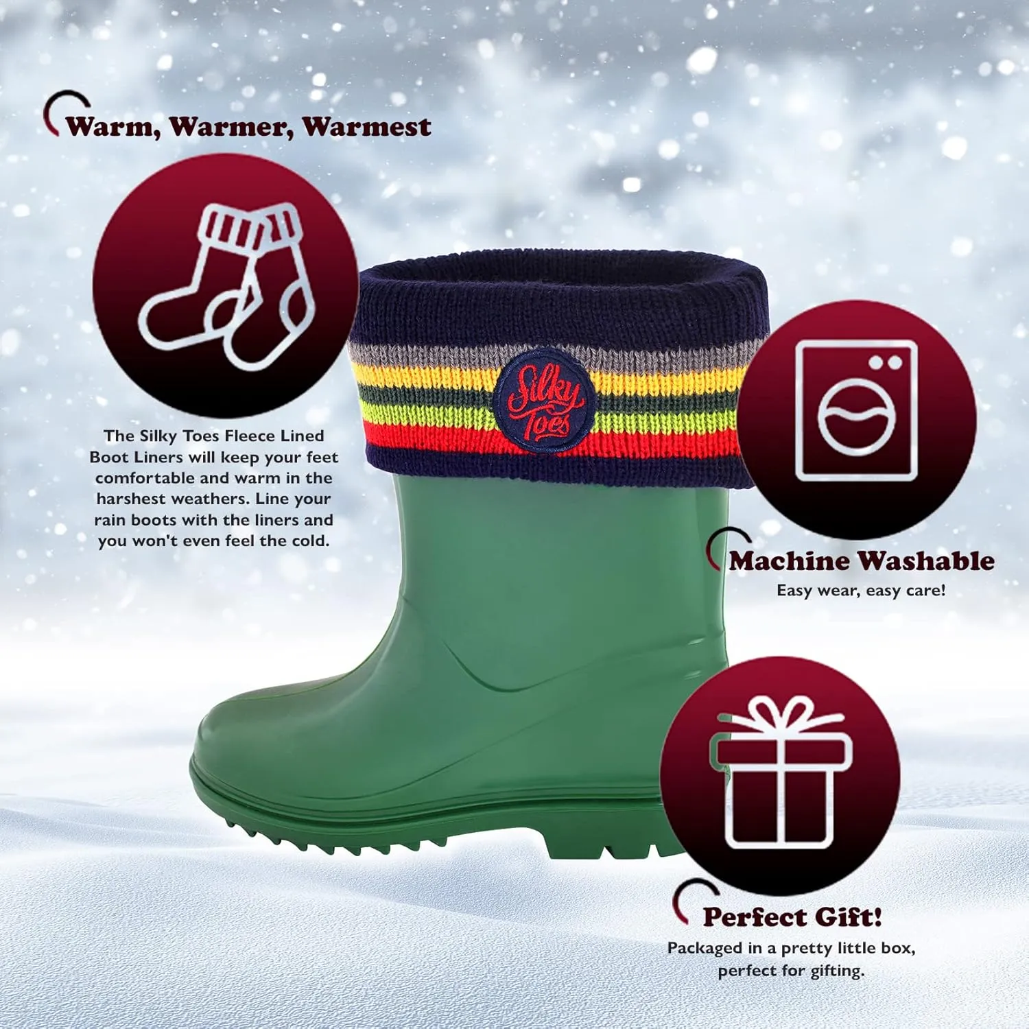 Silky Toes Kids Warm Cozy Fleece Lined Boot Liners With Cable Knit Cuff (Striped, Small)