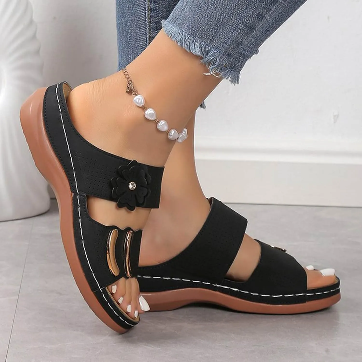 Summer Sandals for Women Orthopedic Wedge Shoes Comfortable Walking Slides Plantar Fasciitis Sandals with Arch Support Anti-Slip Beach Sandals Breathable