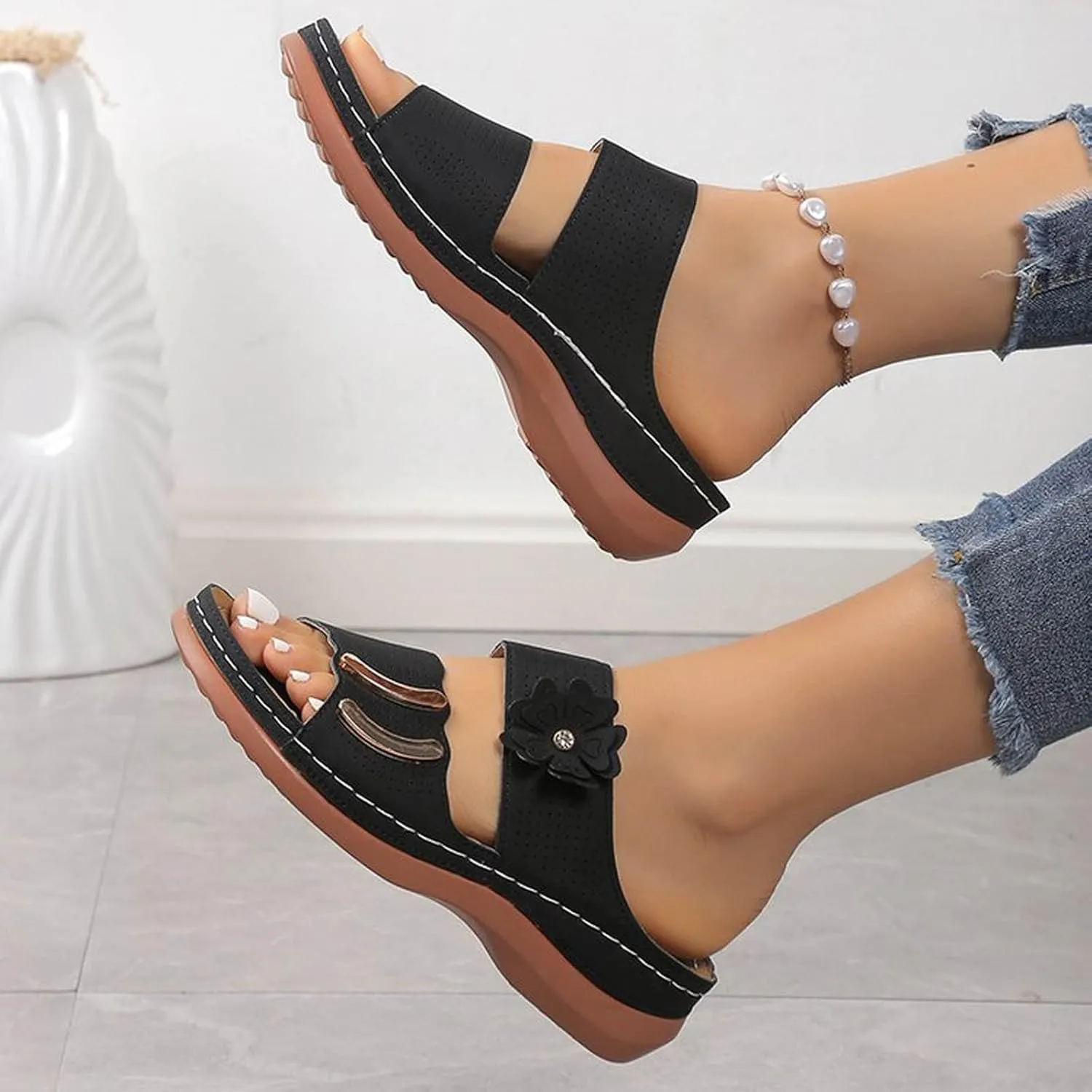Summer Sandals for Women Orthopedic Wedge Shoes Comfortable Walking Slides Plantar Fasciitis Sandals with Arch Support Anti-Slip Beach Sandals Breathable