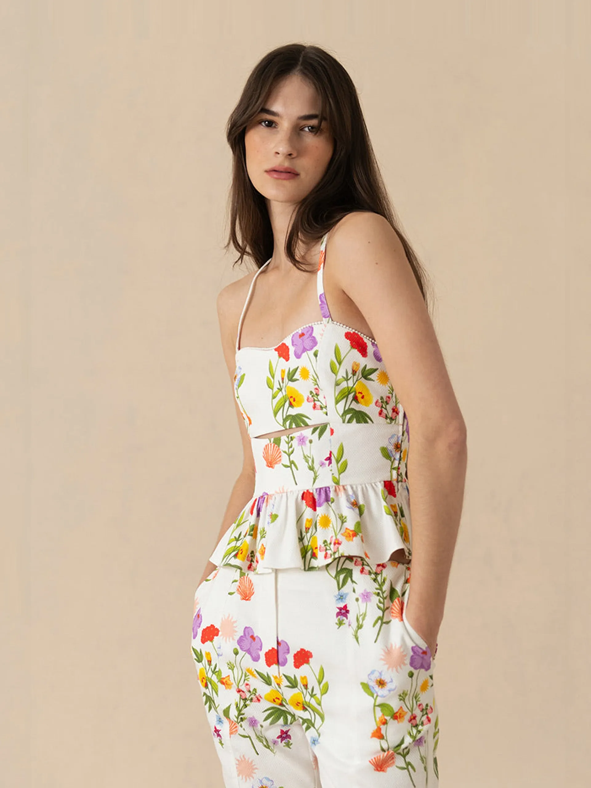 Terrazo flower white Yves pique trousers