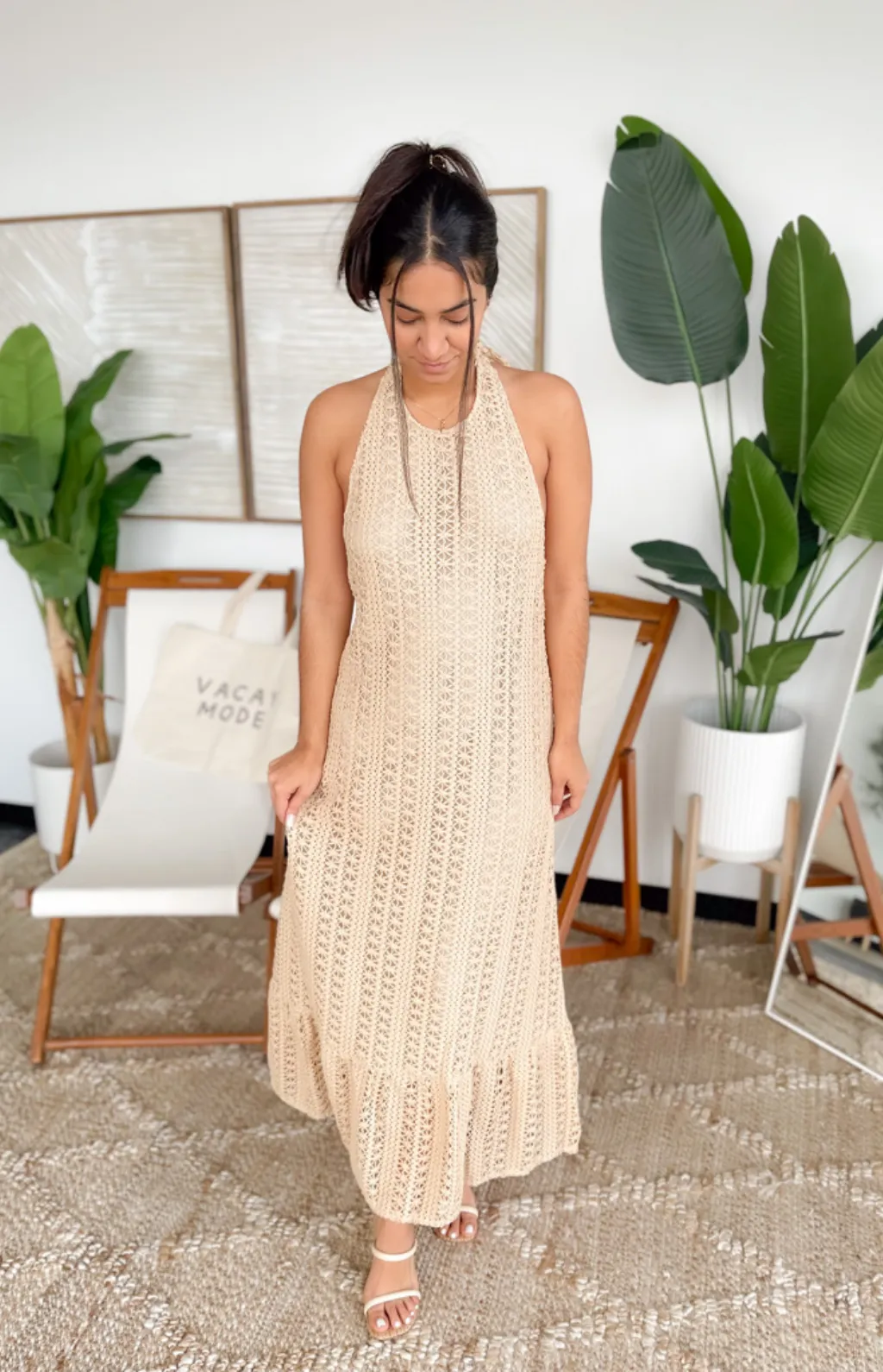 Tiffany Natural Knitted Halter Maxi Dress