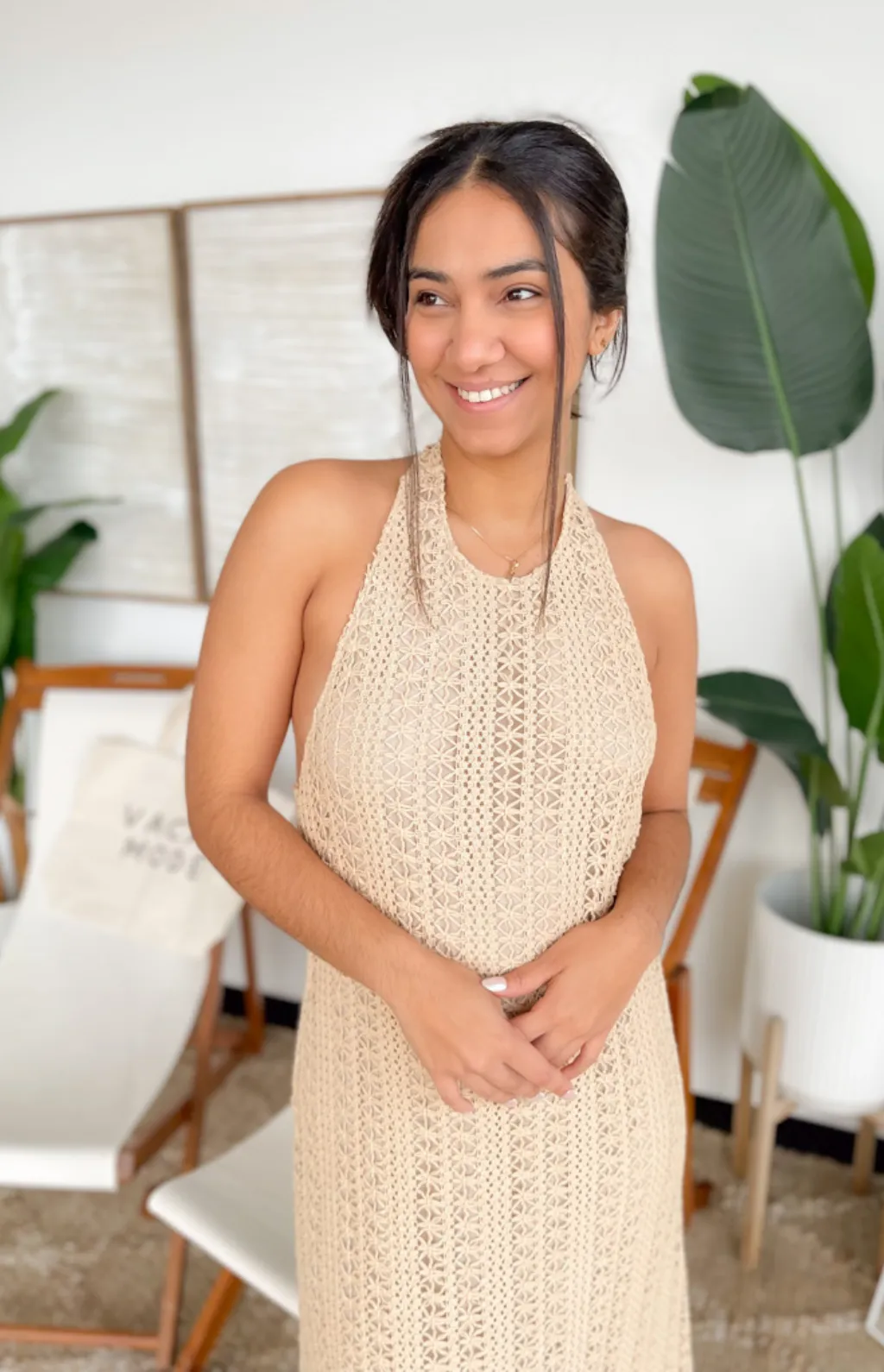 Tiffany Natural Knitted Halter Maxi Dress