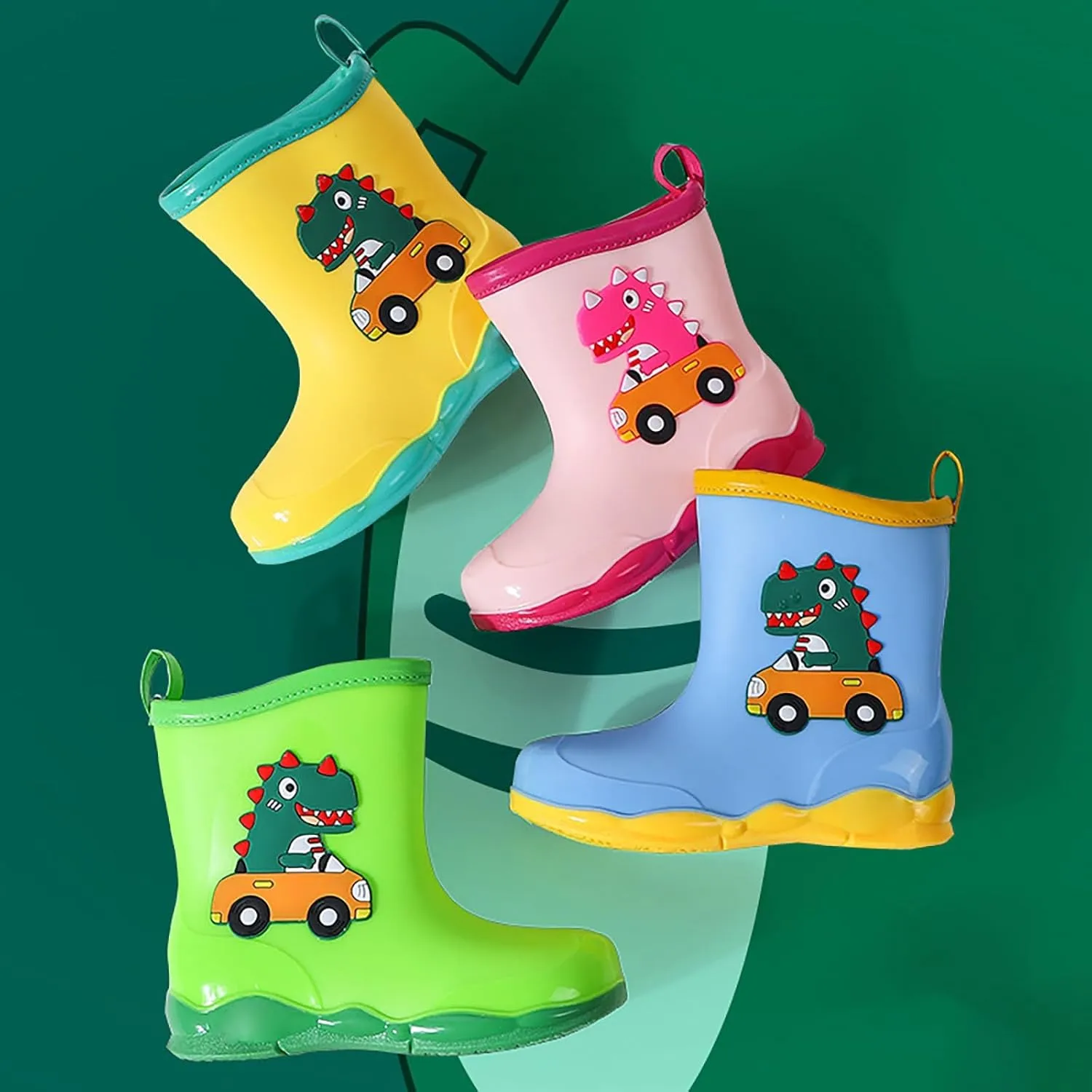 Toddler Kids Waterproof Cute Cartoon Dinosaur Printed Rain Boots Patterns Rubber Boots for Little Boys Baby Girl Shoes