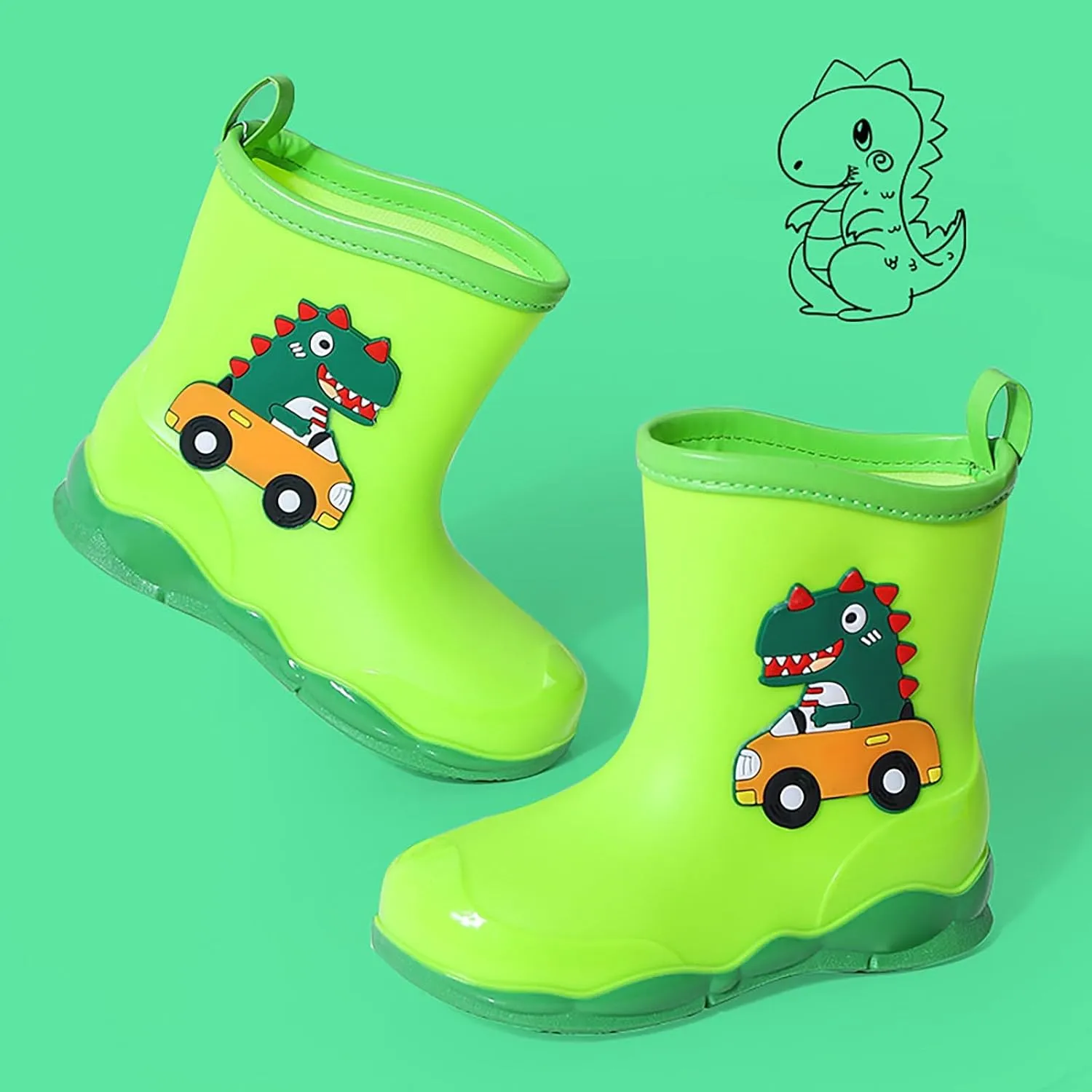 Toddler Kids Waterproof Cute Cartoon Dinosaur Printed Rain Boots Patterns Rubber Boots for Little Boys Baby Girl Shoes