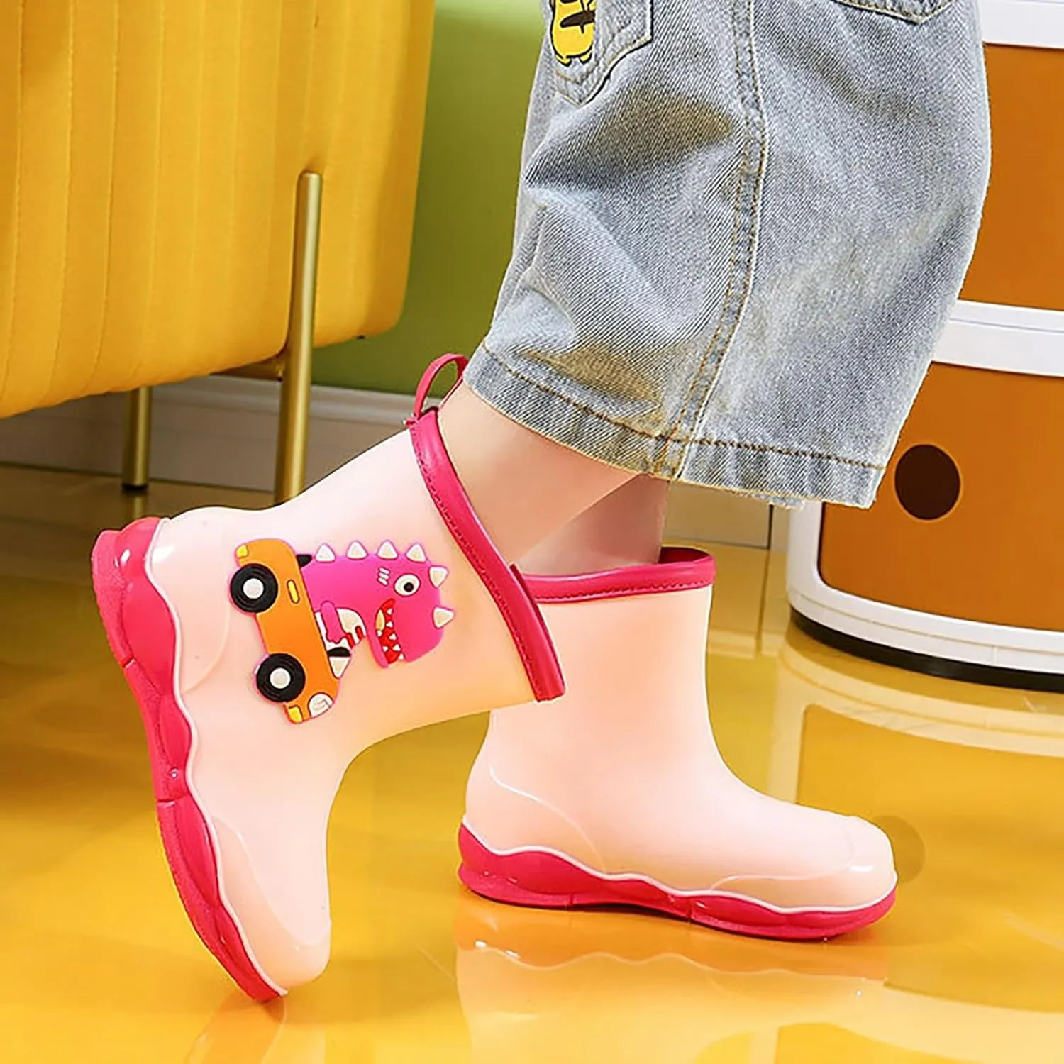 Toddler Kids Waterproof Cute Cartoon Dinosaur Printed Rain Boots Patterns Rubber Boots for Little Boys Baby Girl Shoes