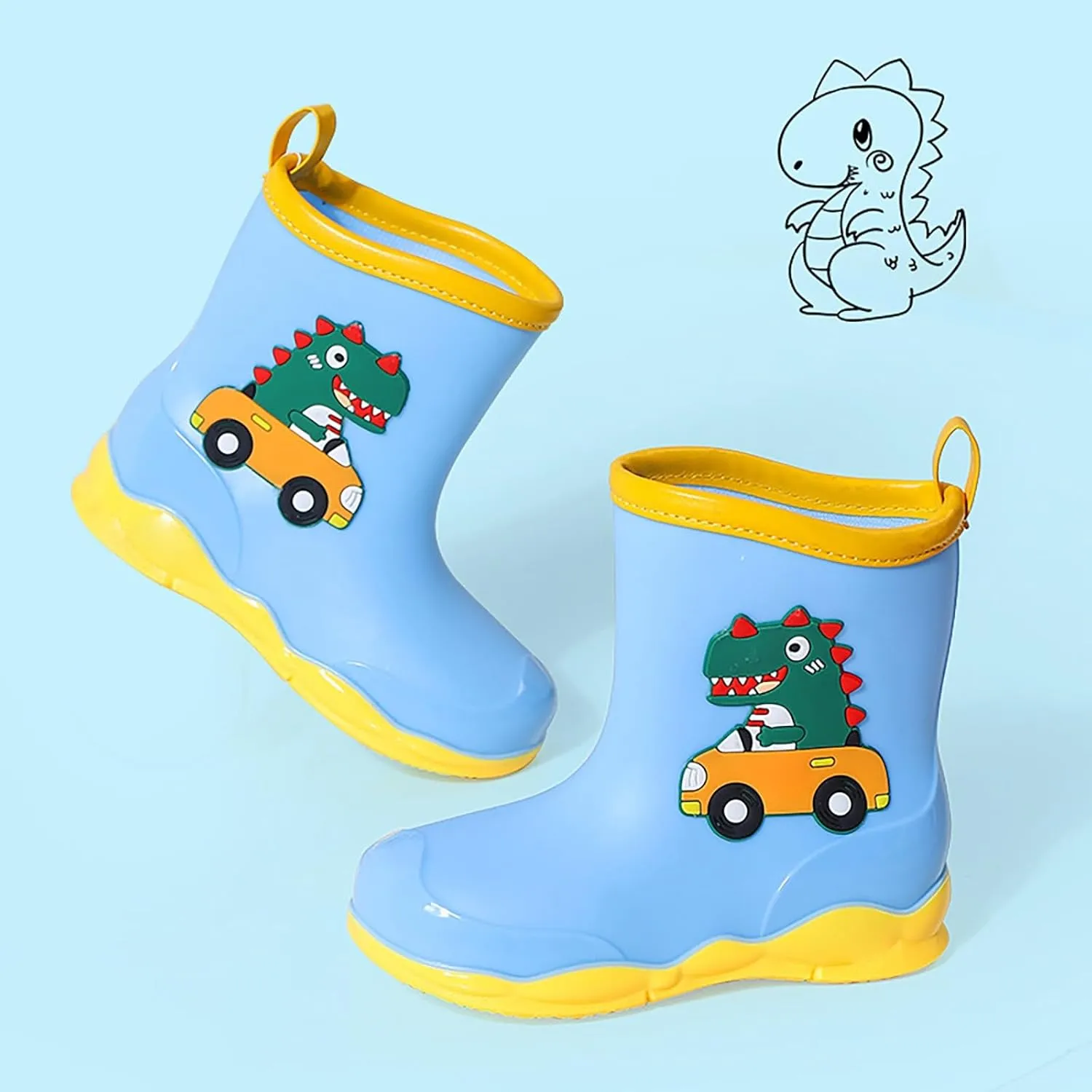 Toddler Kids Waterproof Cute Cartoon Dinosaur Printed Rain Boots Patterns Rubber Boots for Little Boys Baby Girl Shoes