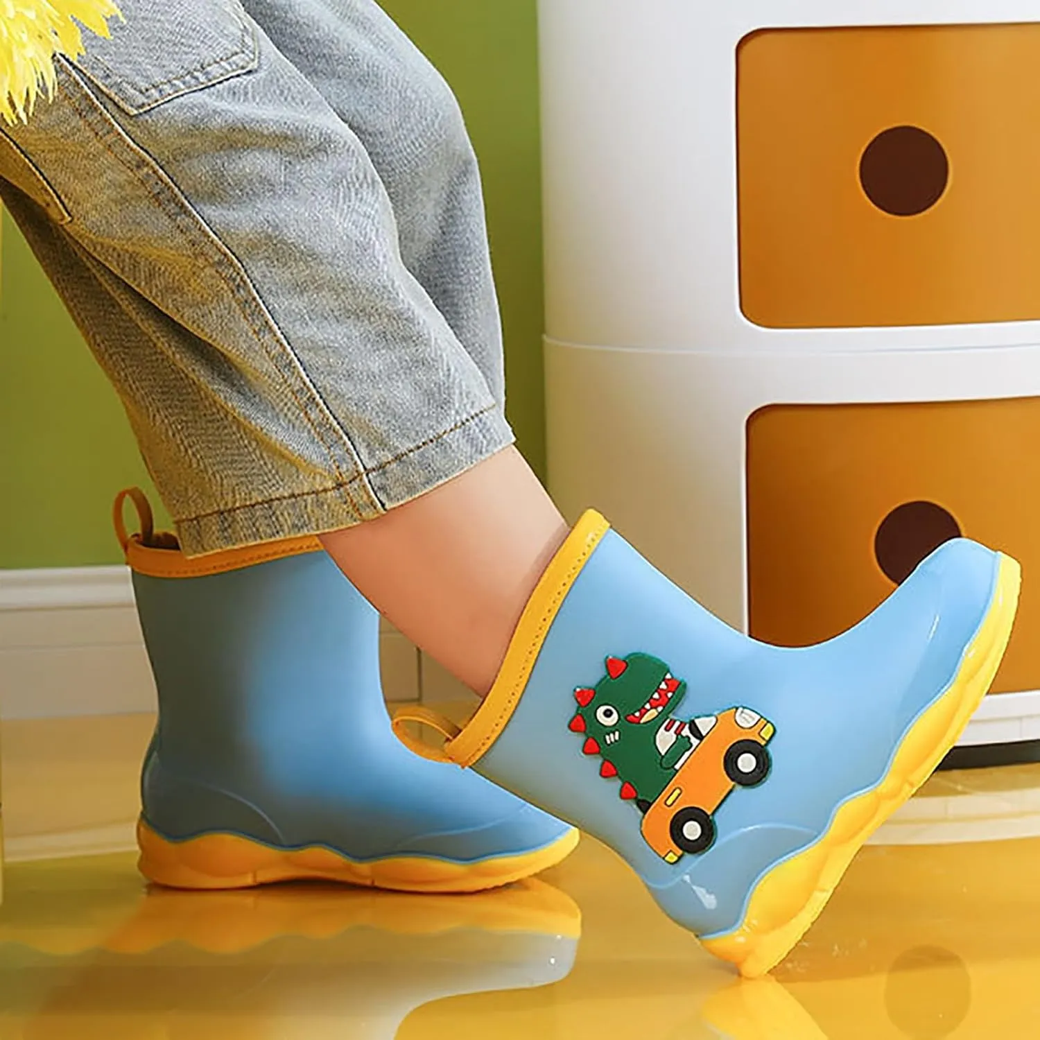 Toddler Kids Waterproof Cute Cartoon Dinosaur Printed Rain Boots Patterns Rubber Boots for Little Boys Baby Girl Shoes