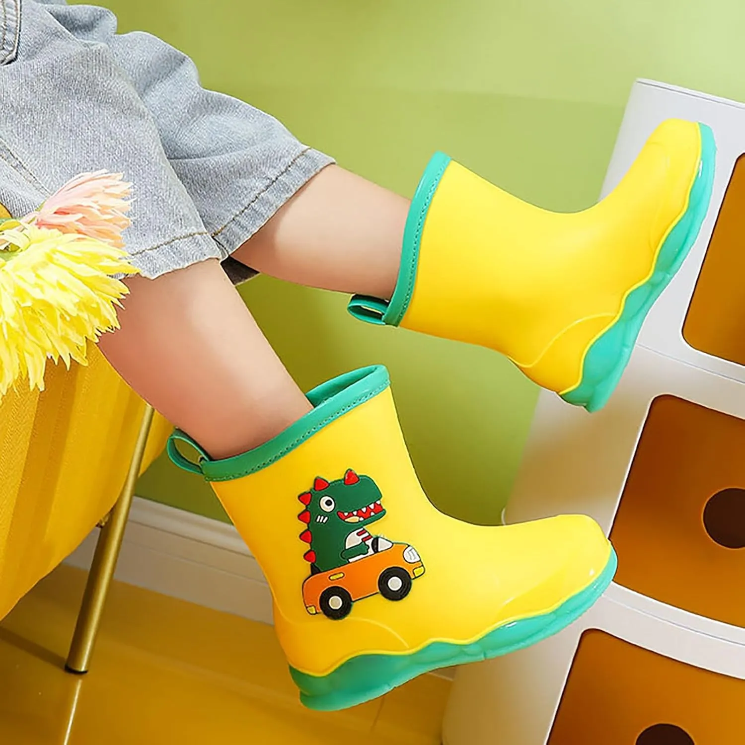 Toddler Kids Waterproof Cute Cartoon Dinosaur Printed Rain Boots Patterns Rubber Boots for Little Boys Baby Girl Shoes