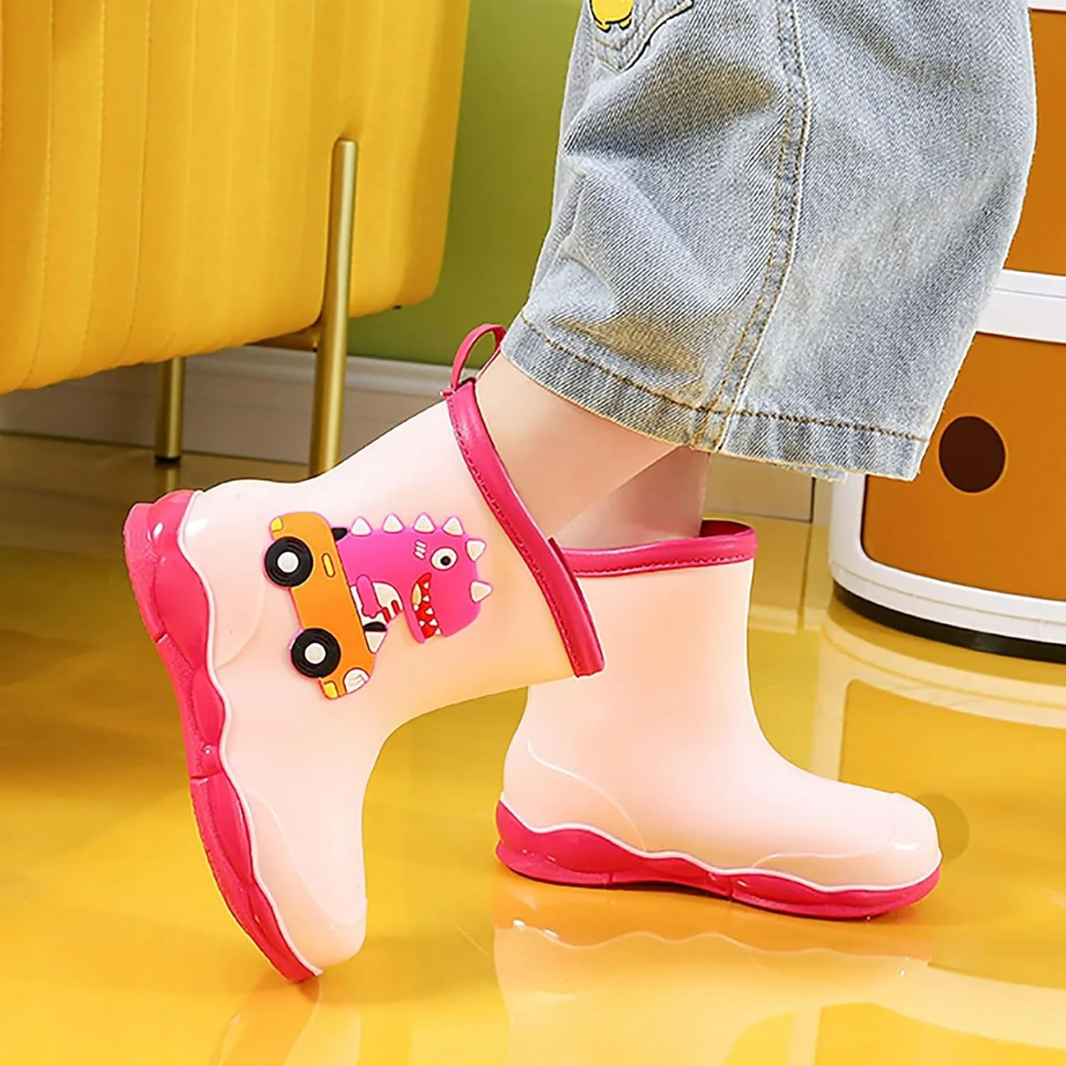 Toddler Kids Waterproof Cute Cartoon Dinosaur Printed Rain Boots Patterns Rubber Boots for Little Boys Baby Girl Shoes