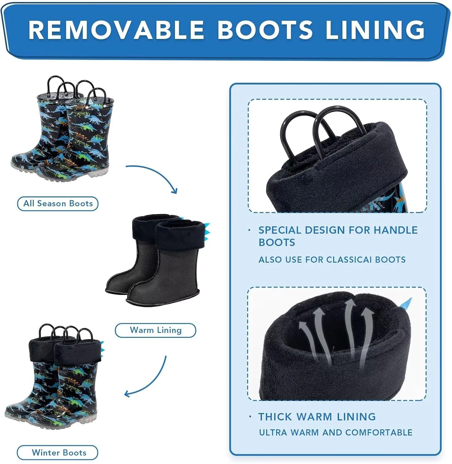 Toddler Rain Boots Kids Light up Snow Boots Boys Girls Waterproof Winter Boots with Removable Warm Lining