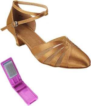 Very Fine Dance Shoes - Ladies Practice, Cuban Low Heel, Waltz Ballroom Dance Shoes - SERA3543-1.2-inch Heel and Foldable Brush Bundle - Brown Satin - 5.5
