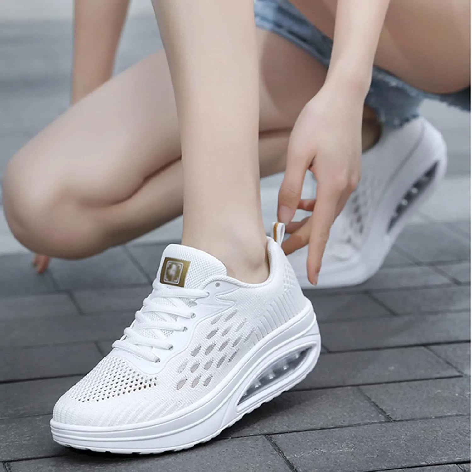 WENOREG Women's Breathable Mesh Air Cushion Sneakers,Fashion Lace-up 3D Orthopedic Beef Tendon Platform Bottom Sneakers for Foot Pain Relief,Comfort Elastic Woven Casual Walking Shoes