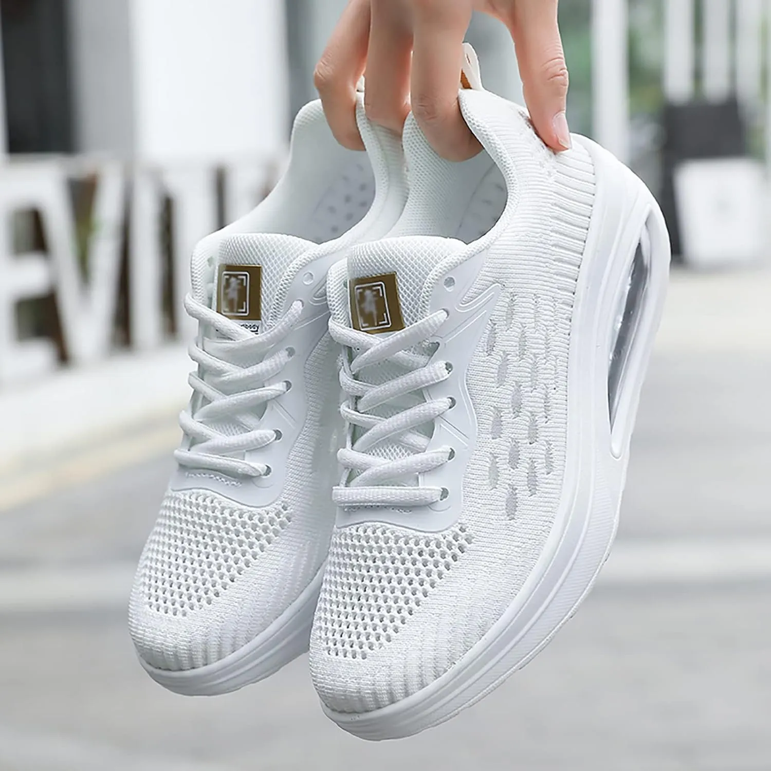 WENOREG Women's Breathable Mesh Air Cushion Sneakers,Fashion Lace-up 3D Orthopedic Beef Tendon Platform Bottom Sneakers for Foot Pain Relief,Comfort Elastic Woven Casual Walking Shoes