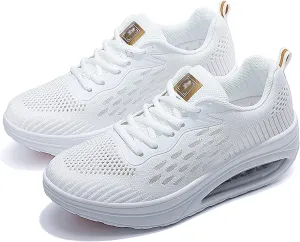 WENOREG Women's Breathable Mesh Air Cushion Sneakers,Fashion Lace-up 3D Orthopedic Beef Tendon Platform Bottom Sneakers for Foot Pain Relief,Comfort Elastic Woven Casual Walking Shoes