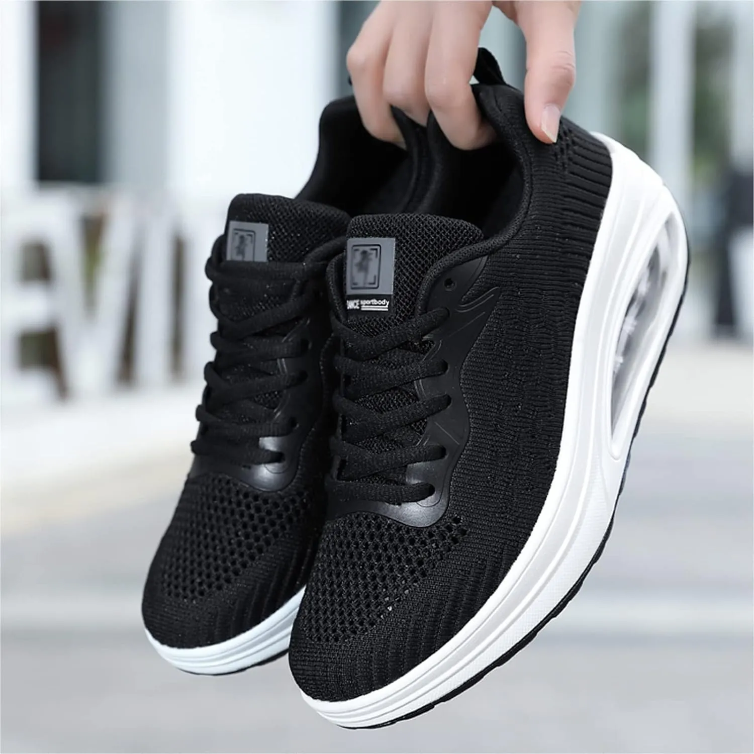 WENOREG Women's Breathable Mesh Air Cushion Sneakers,Fashion Lace-up 3D Orthopedic Beef Tendon Platform Bottom Sneakers for Foot Pain Relief,Comfort Elastic Woven Casual Walking Shoes