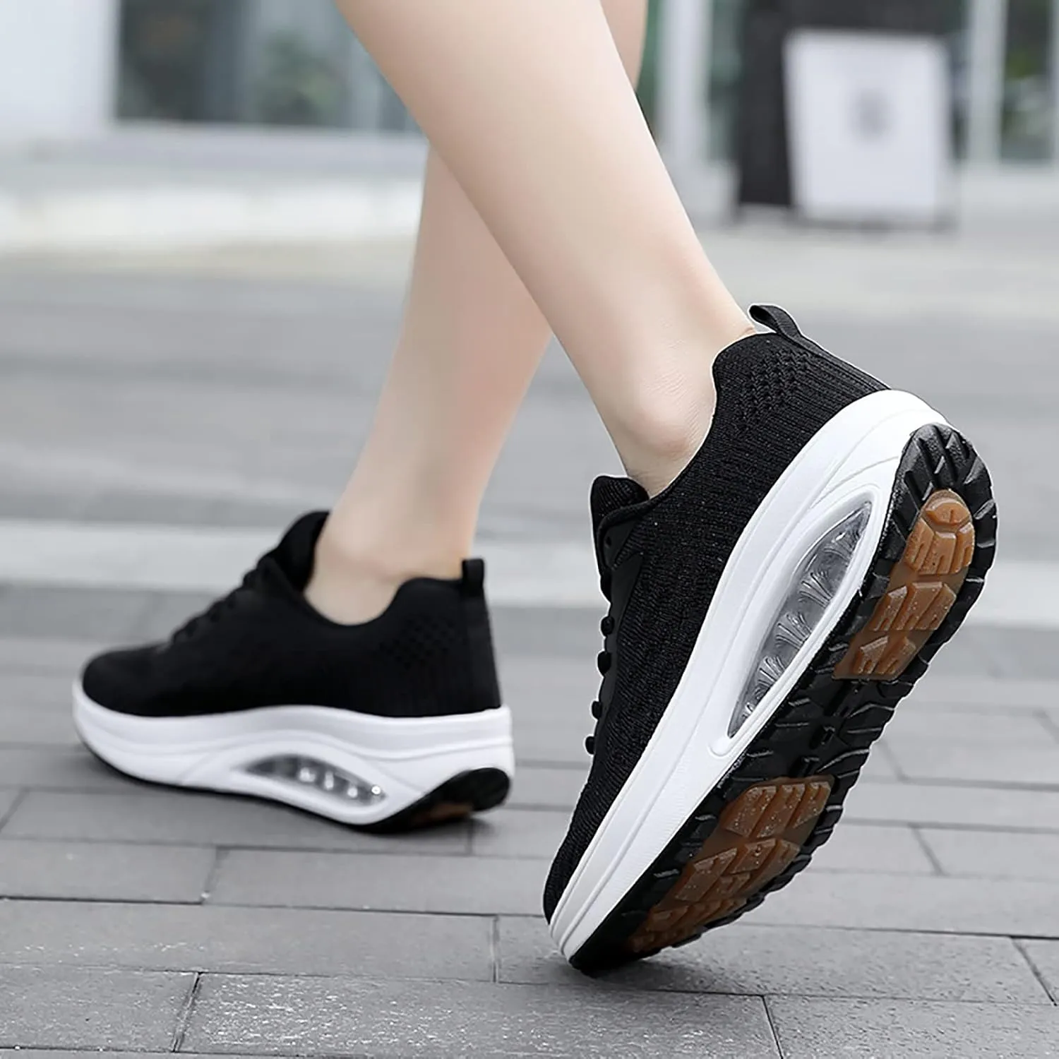 WENOREG Women's Breathable Mesh Air Cushion Sneakers,Fashion Lace-up 3D Orthopedic Beef Tendon Platform Bottom Sneakers for Foot Pain Relief,Comfort Elastic Woven Casual Walking Shoes