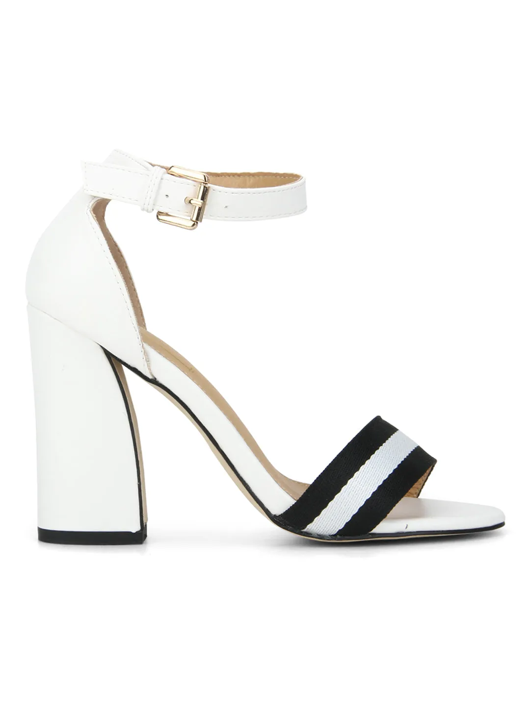 White PU Ankle Strapped Block Heels