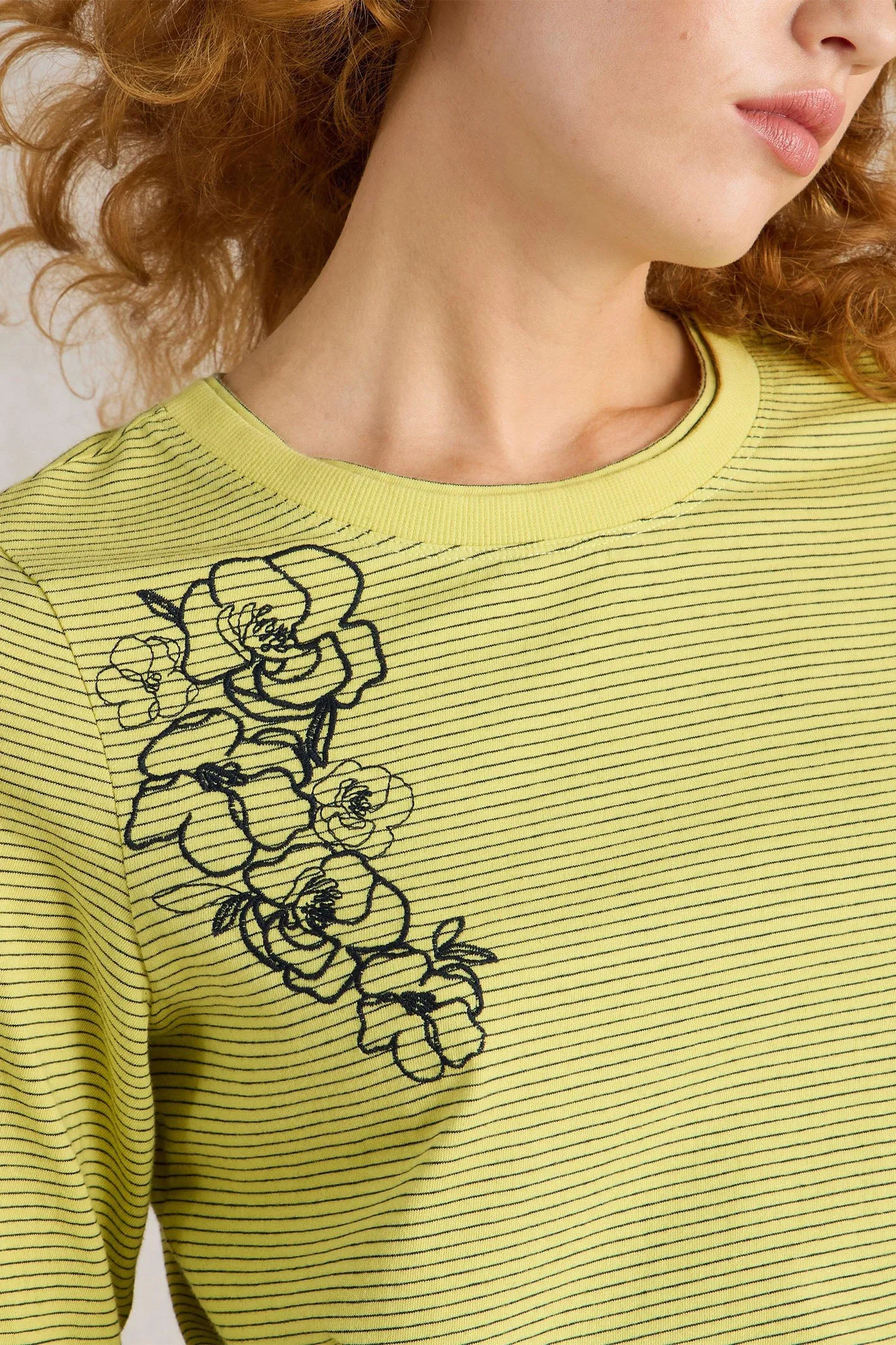 White Stuff T-Shirt Clara Long Sleeve Embroidered Yellow Multi 442993