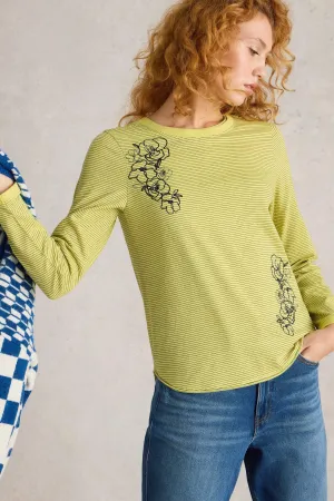 White Stuff T-Shirt Clara Long Sleeve Embroidered Yellow Multi 442993