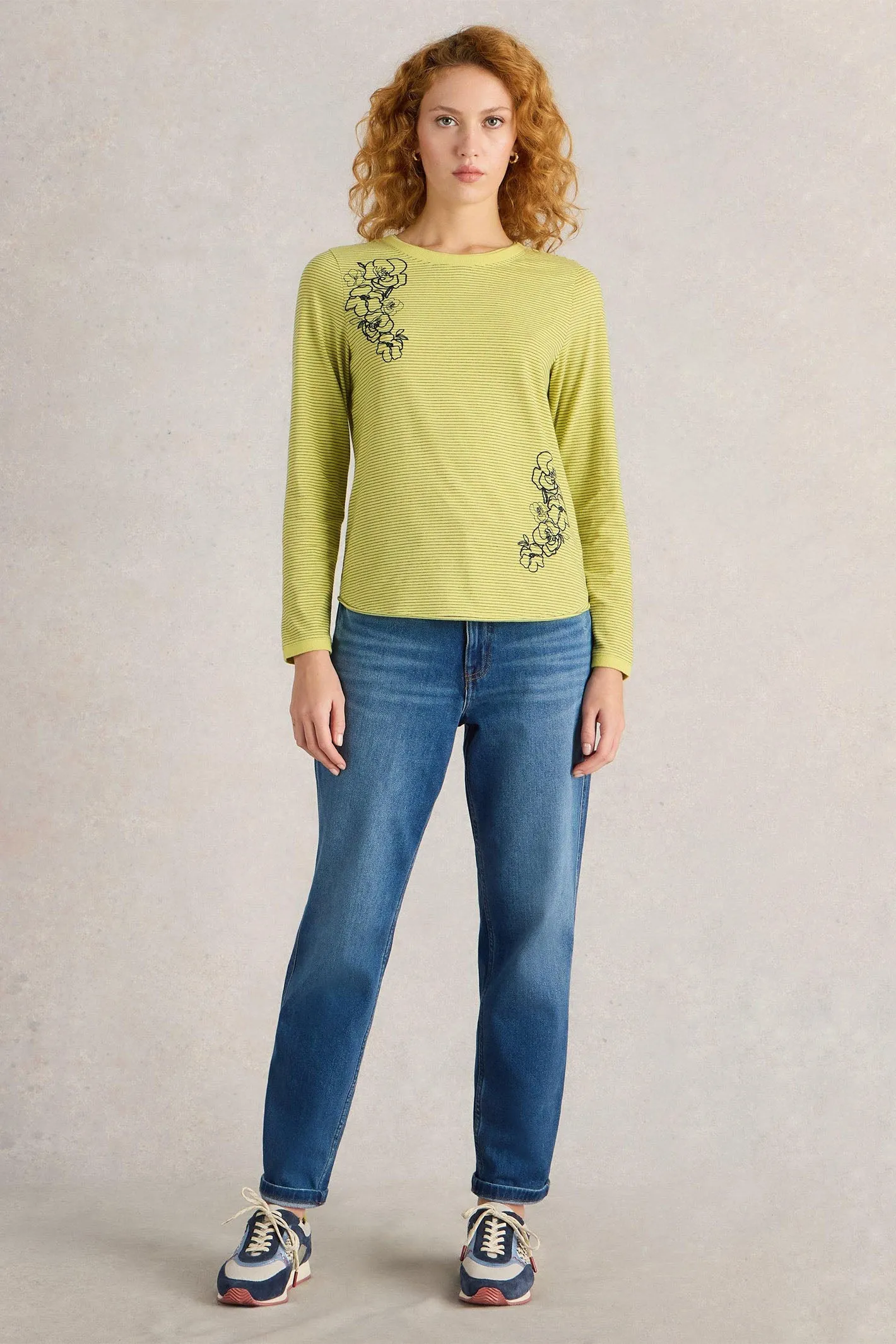White Stuff T-Shirt Clara Long Sleeve Embroidered Yellow Multi 442993