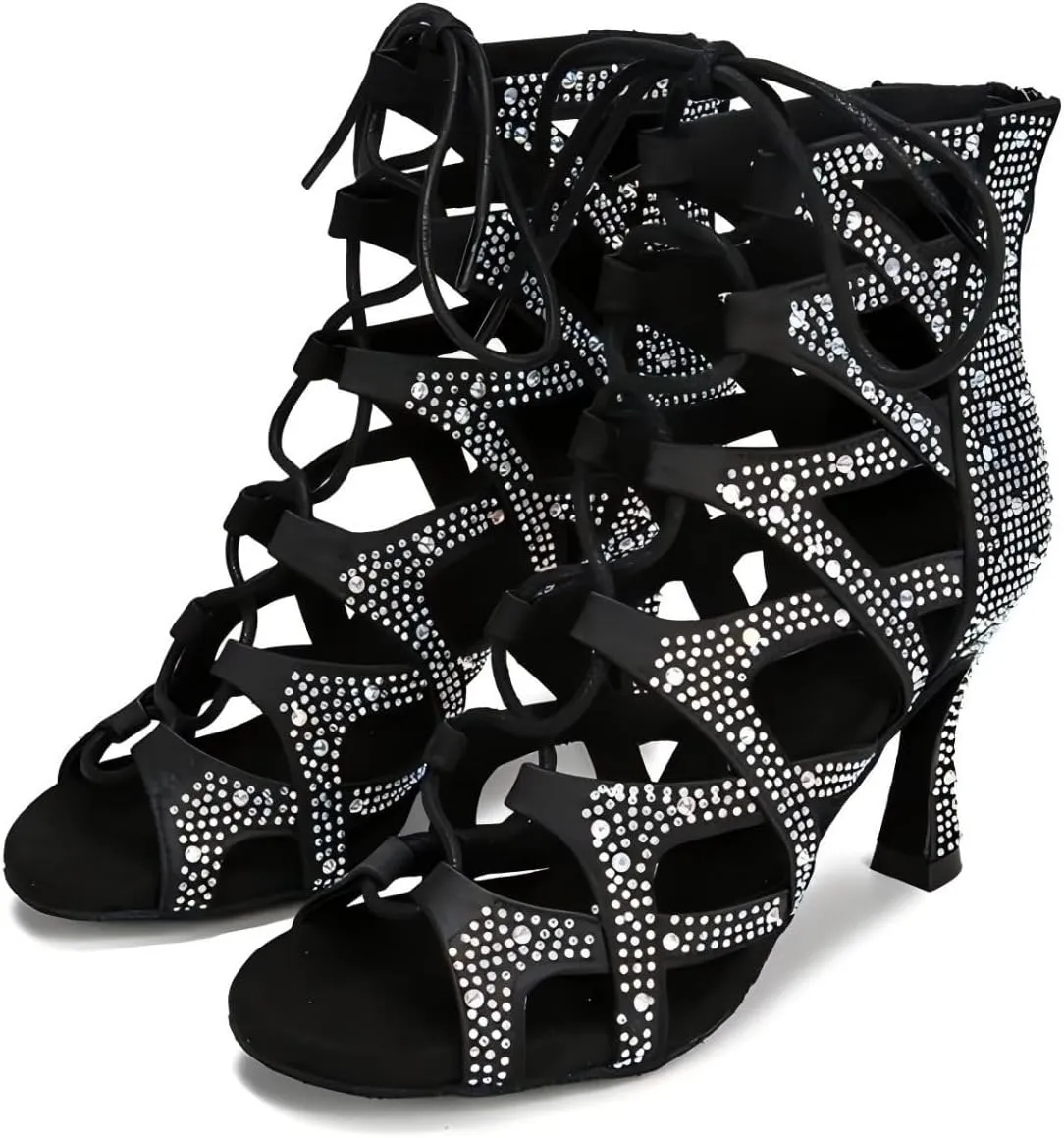 Women Ballroom Dance Boots Diamond-Encrusted Latin Salsa Jazz Tango Modern Practice Performance Dance Sandals