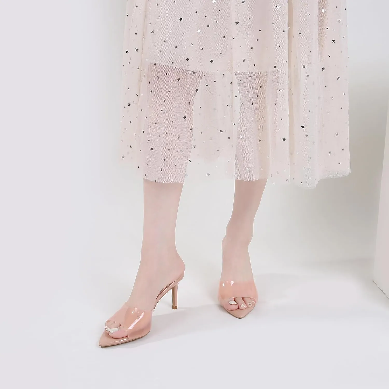 Women Clear Pointed Toe Sandals Stiletto Heels Transparent Strap High Heels Slip on Mules for Women