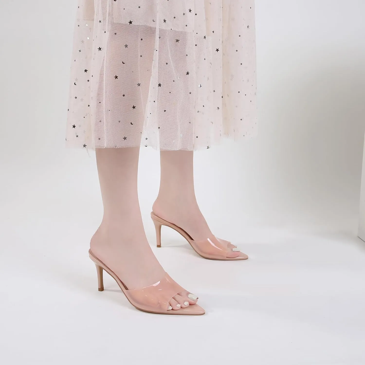 Women Clear Pointed Toe Sandals Stiletto Heels Transparent Strap High Heels Slip on Mules for Women