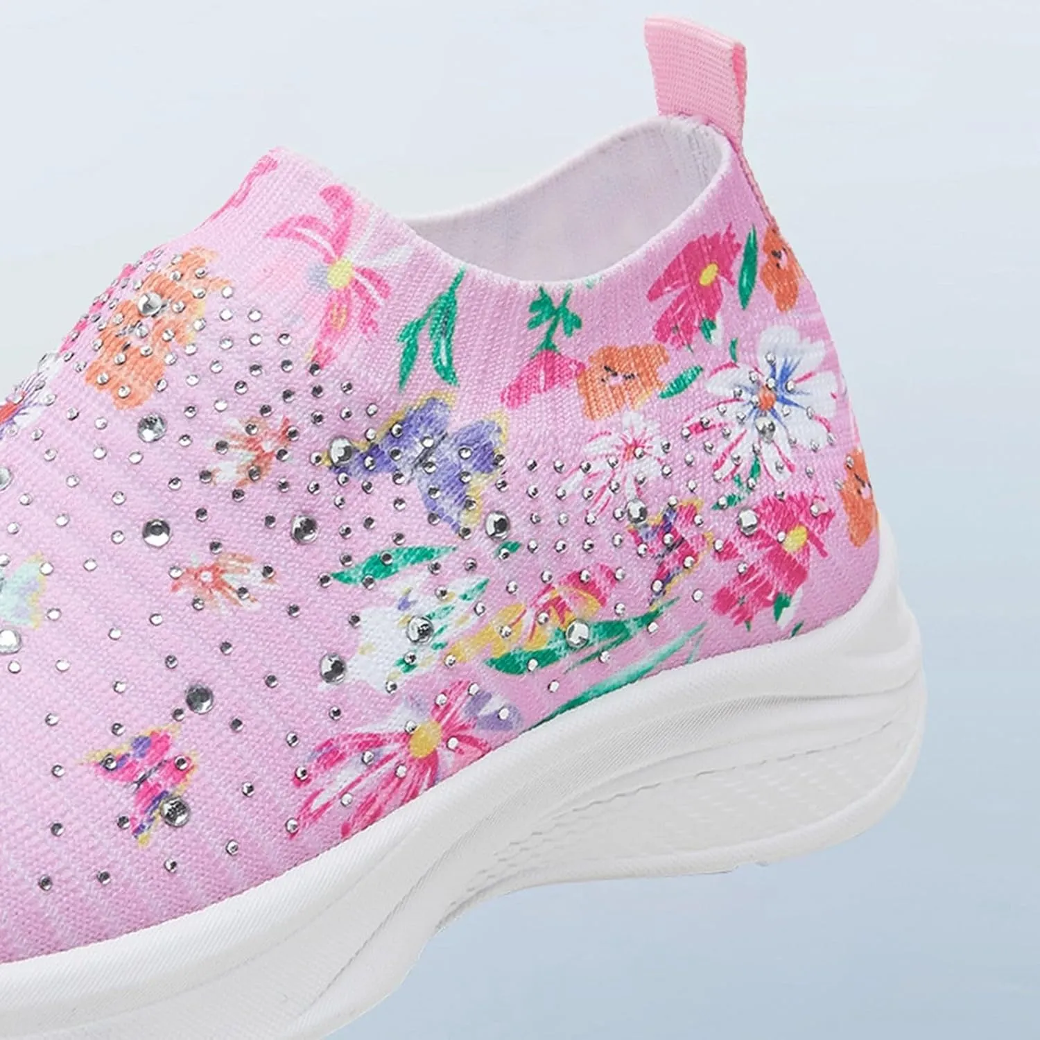 Women Rhinestone Slip On Mesh Sneakers Orthopedic Floral Print Sock Shoes Walking Running Sports Shoes,Crystal Jazz Latin Dance Shoes,Fashion Platform Sparkly Shoes