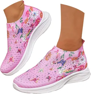Women Rhinestone Slip On Mesh Sneakers Orthopedic Floral Print Sock Shoes Walking Running Sports Shoes,Crystal Jazz Latin Dance Shoes,Fashion Platform Sparkly Shoes