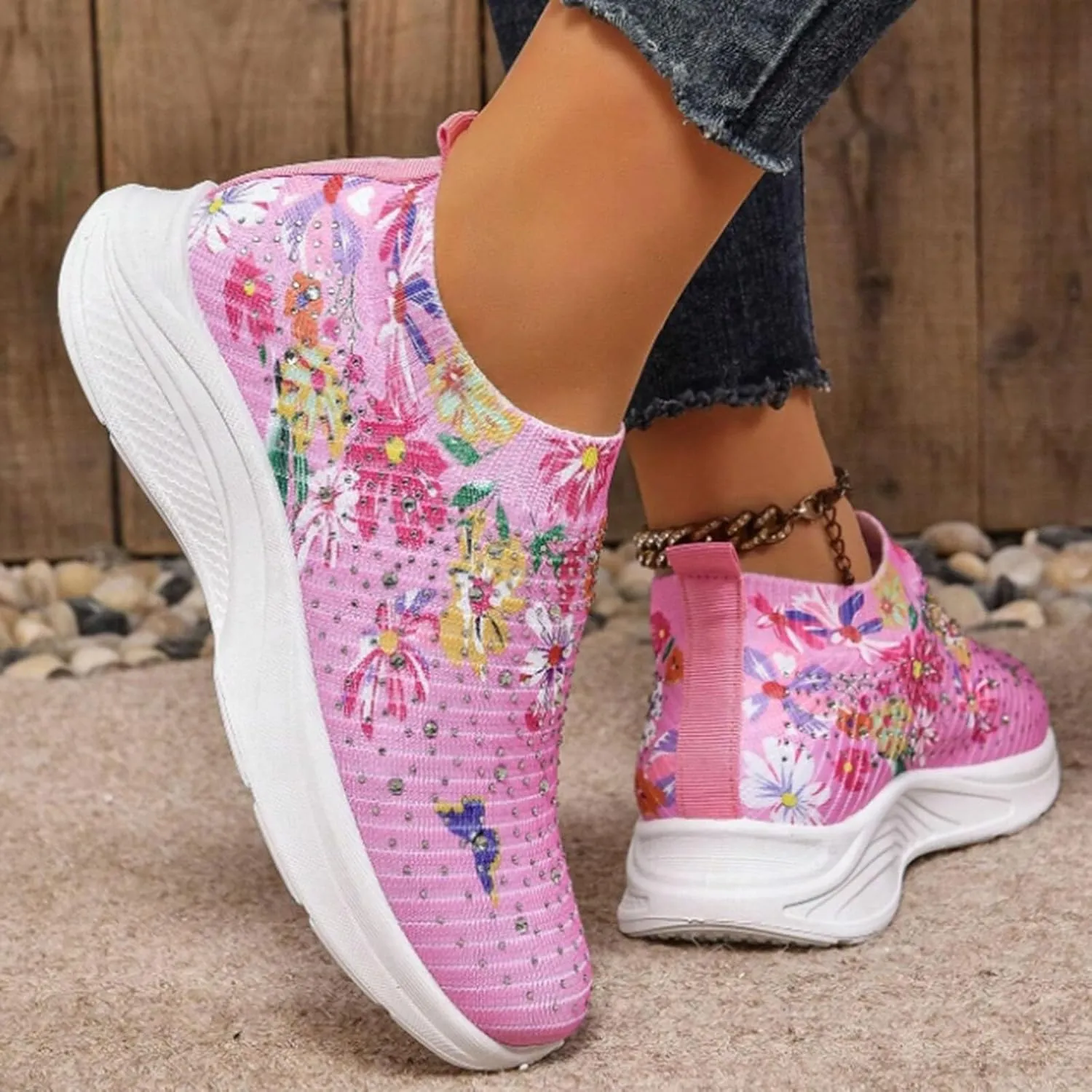 Women Rhinestone Slip On Mesh Sneakers Orthopedic Floral Print Sock Shoes Walking Running Sports Shoes,Crystal Jazz Latin Dance Shoes,Fashion Platform Sparkly Shoes